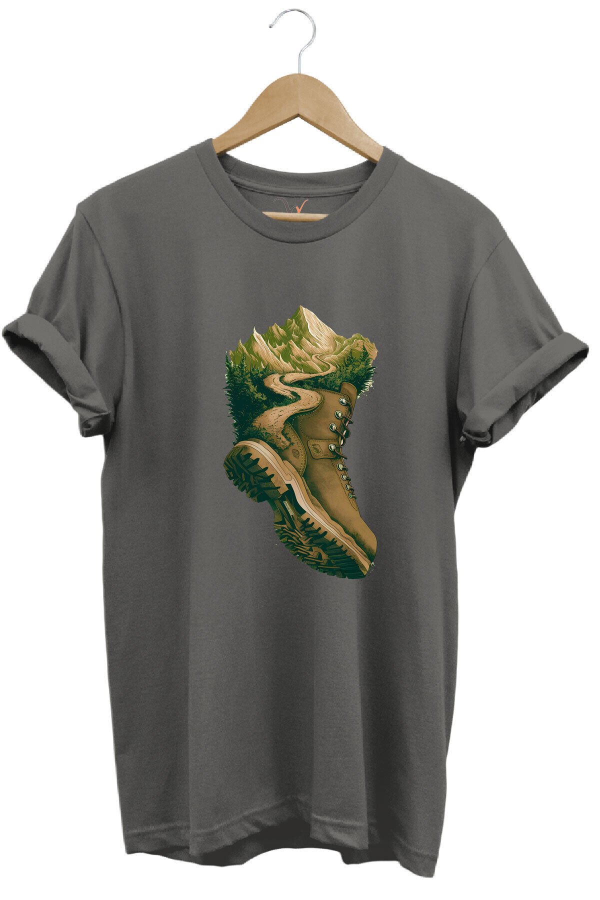 Outdoor Bot Ve Dağ Patika Yol Kamp Gezgin Baskılı %100 Pamuk Regular Fit Bisiklet Yaka Haki T-shirt Gri - 2XL