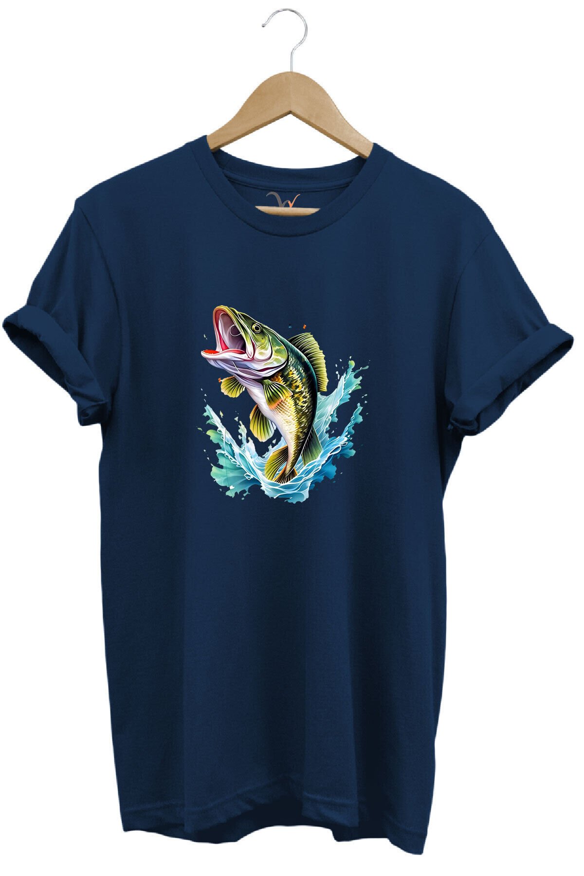 Fishing Balıkçılık Levrek Balığı Deniz Baskılı %100 Pamuk Regular Fit Bisiklet Yaka Beyaz T-shirt Lacivert - L