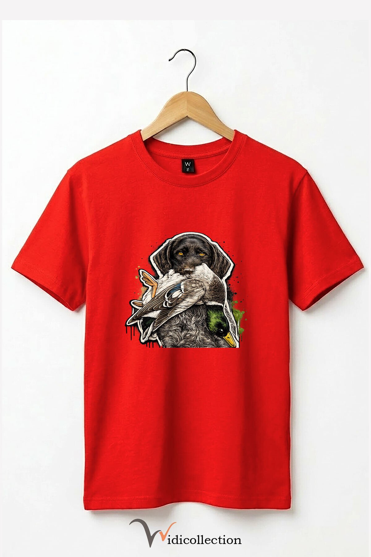 Unisex Avcı Köpeği ve Ördek Baskılı Ördek Avı Doğa ve Yaban Hayatı Outdoor %100 Pamuk Basic T-Shirt Kırmızı - M