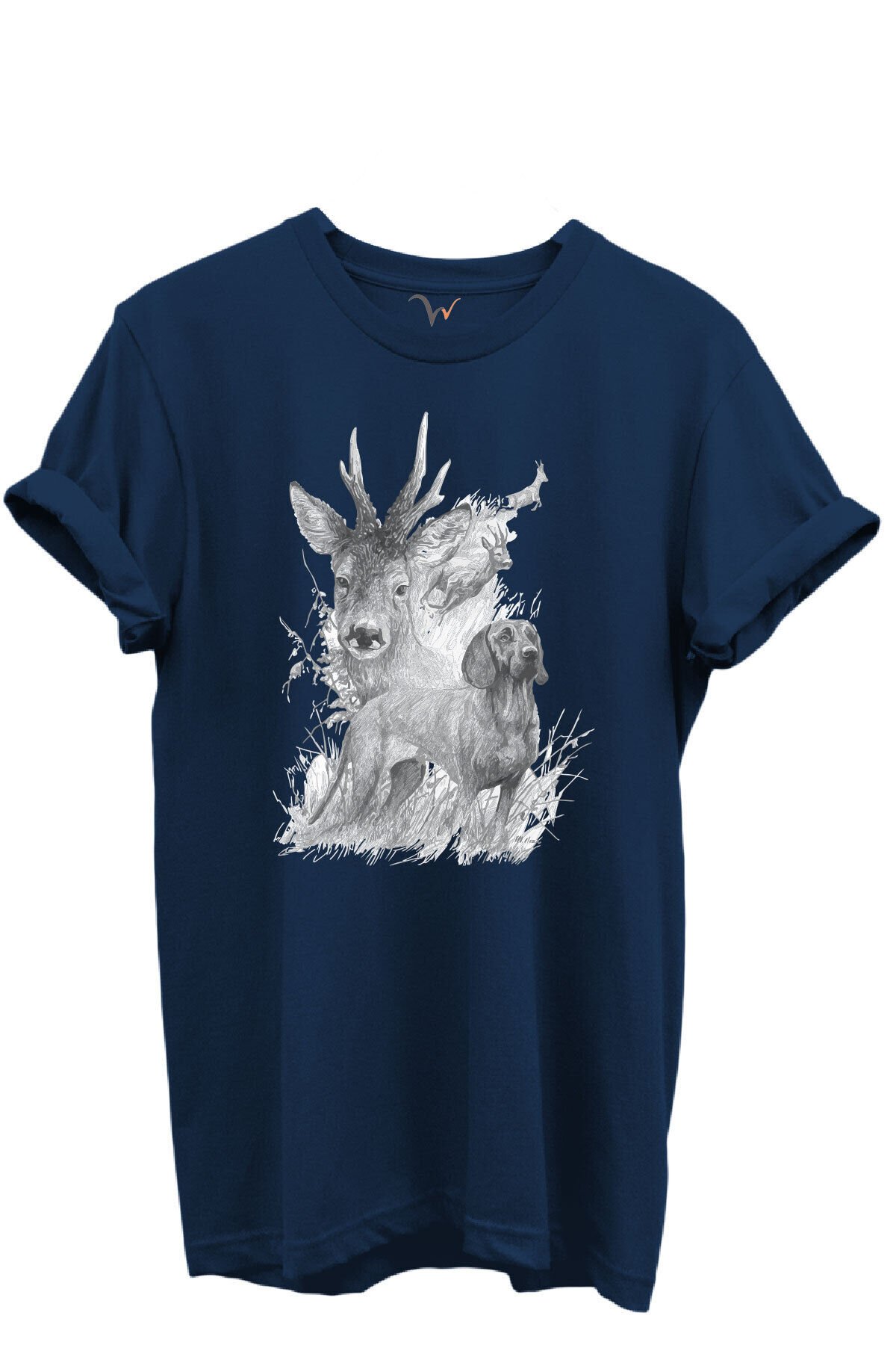Geyik ve Av Köpeği Çizim Baskılı %100 Pamuk Regular Fit Bisiklet Yaka Unisex T-shirt Lacivert - L
