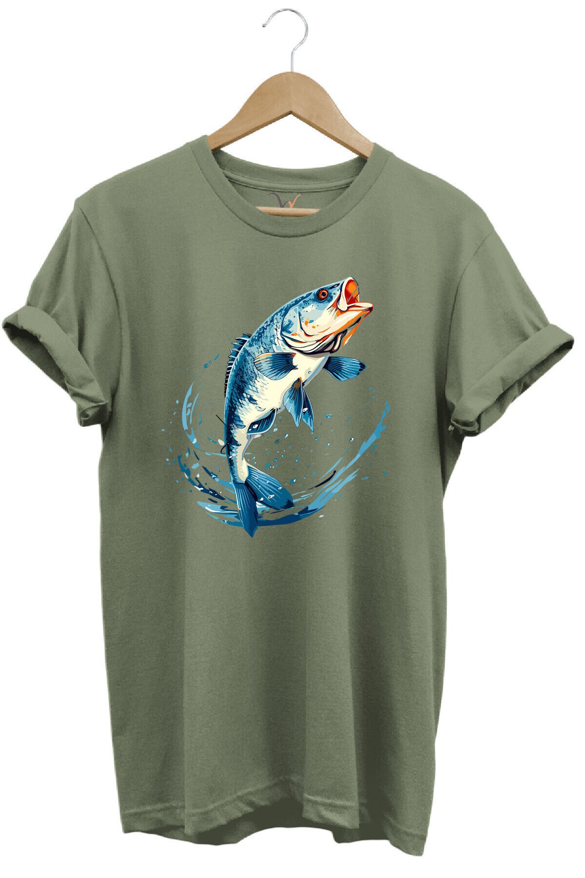 Balıkçılık Levrek Balığı Baskılı Renkli Tasarım %100 Pamuk Regular Fit Bisiklet Yaka Kırmızı T-shirt Haki - M