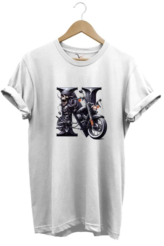 N Harfi Baskılı Motosiklet Kuru Kafa %100 Pamuk Regular Fit Bisiklet Yaka T-Shirt - Antrasit XL