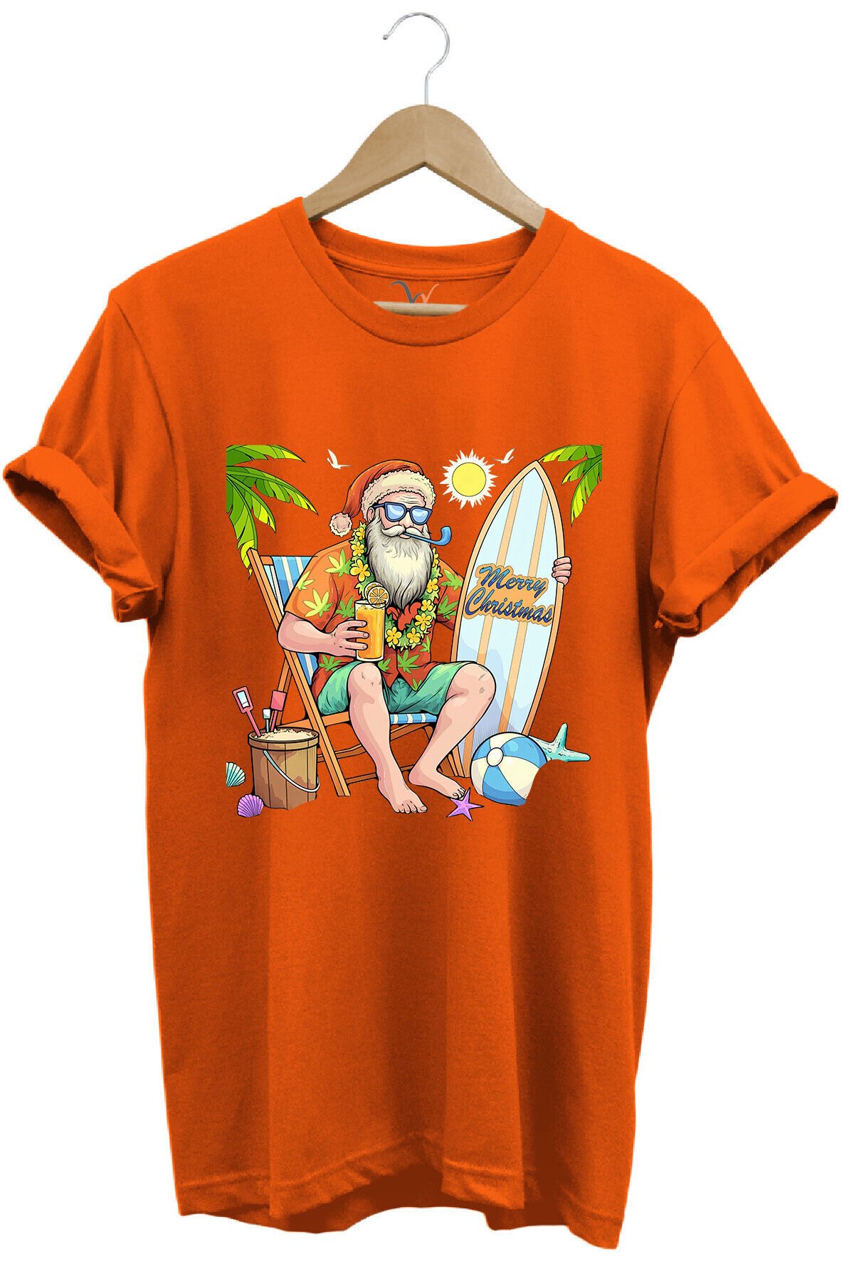 Merry Christmas Yaz Temalı Plajda Noel Baba Baskılı %100 Pamuk Unisex Regular Fit T-Shirt Turuncu - 3XL