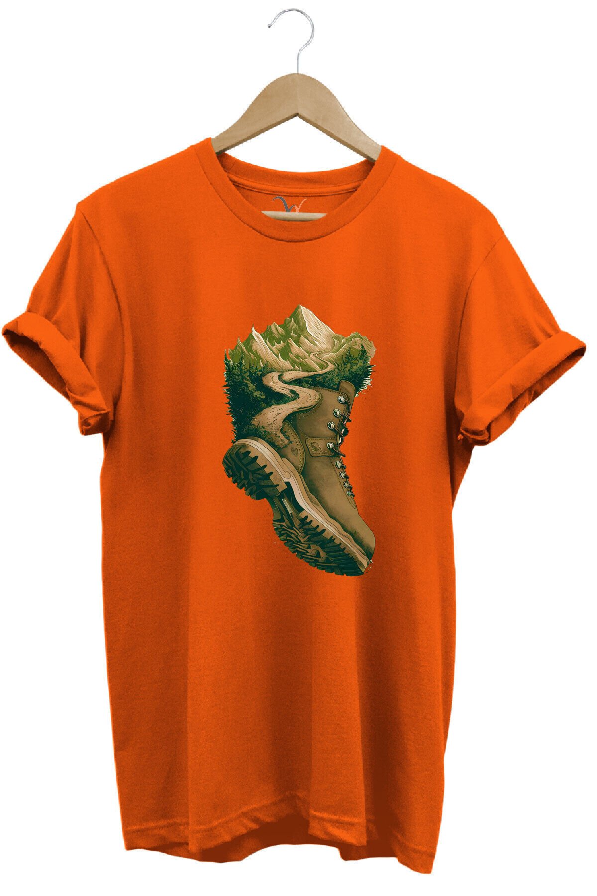 Outdoor Bot Ve Dağ Patika Yol Kamp Gezgin Baskılı %100 Pamuk Regular Fit Bisiklet Yaka Haki T-shirt Turuncu - M