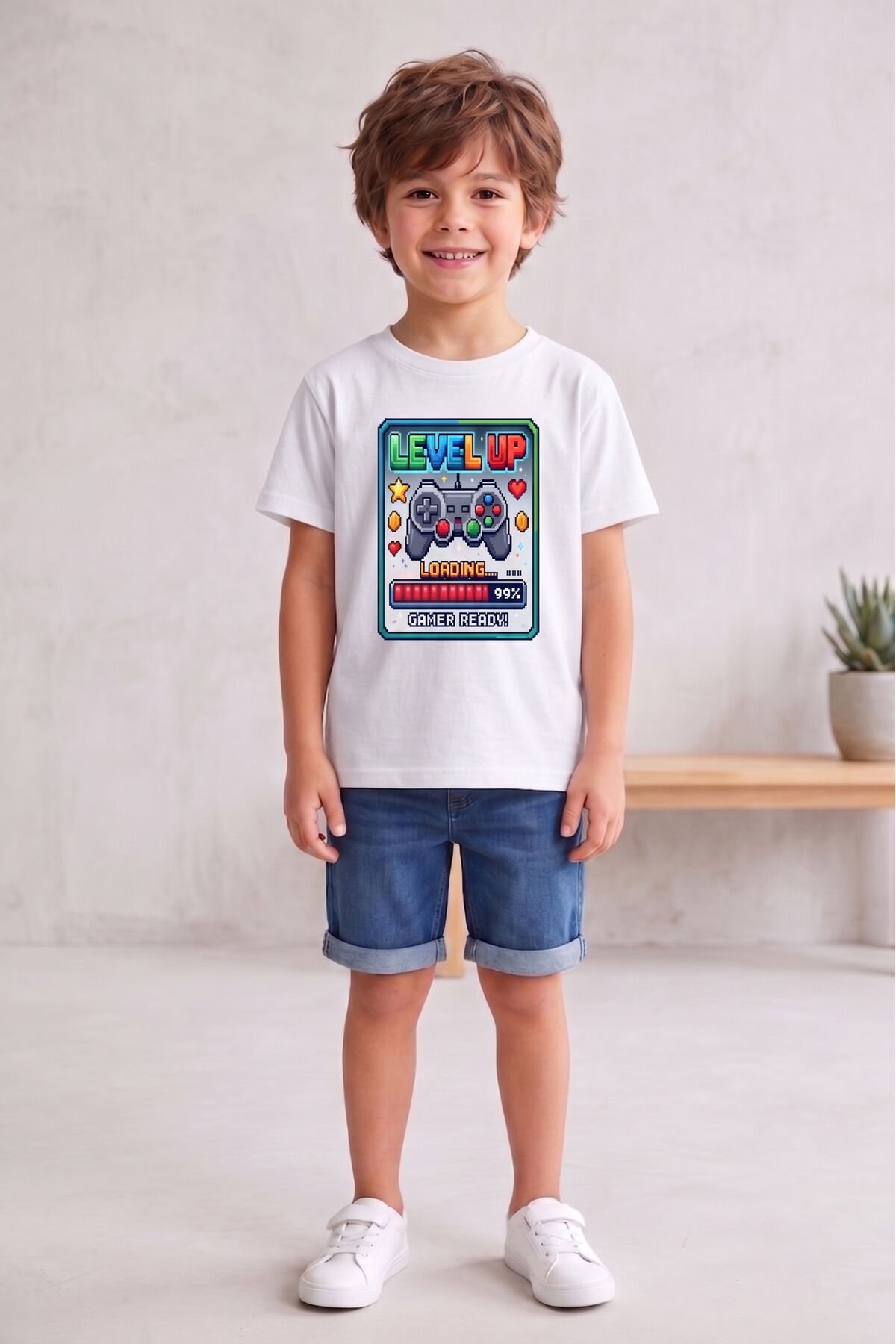 Erkek Çocuk Siyah Oyun Baskılı Tişört - Level Up Temalı T-Shirt Beyaz - 11-12 Yaş