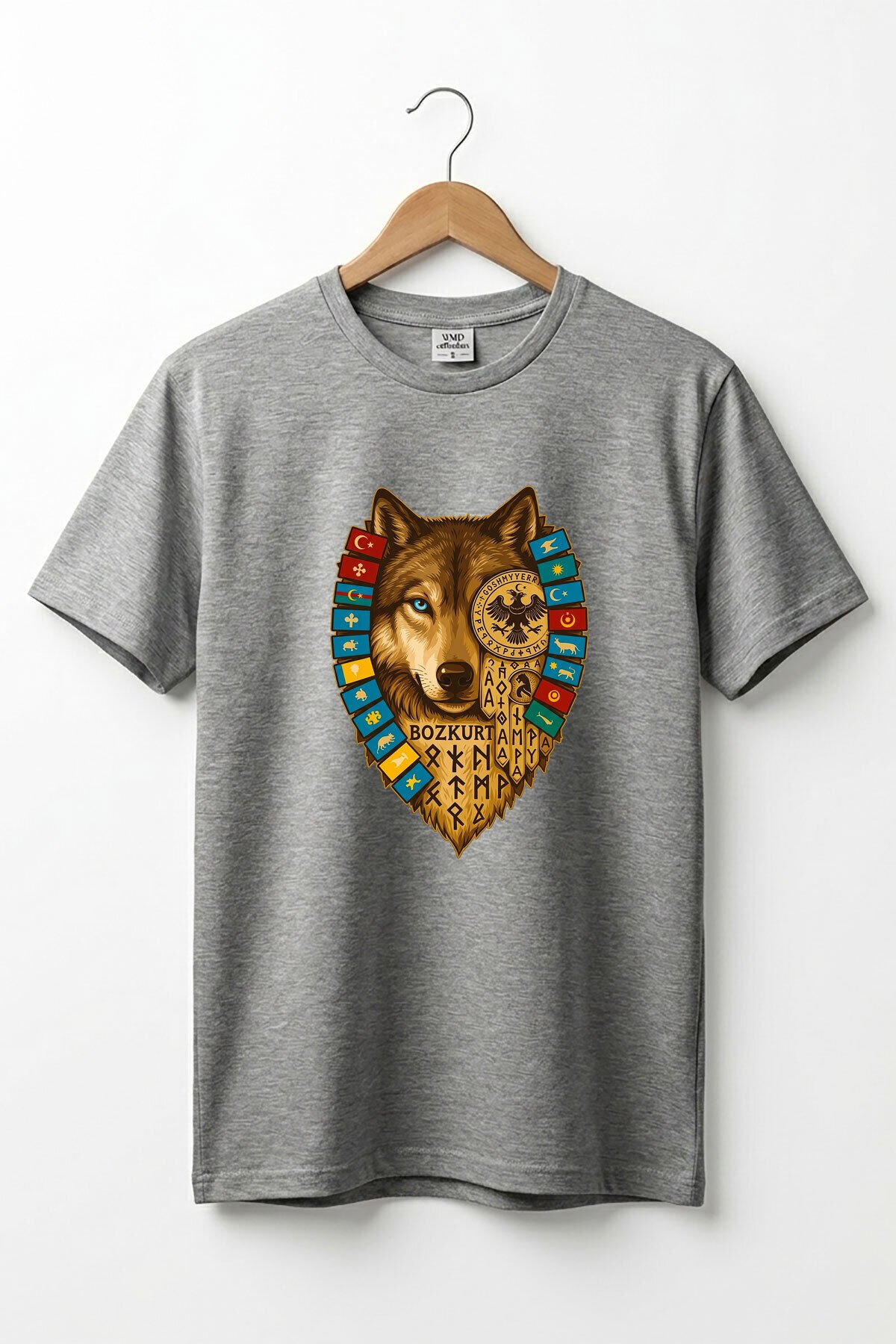 Bozkurt Göktürk Alfabeli ve Türk Devletleri Bayrakları Baskılı %100 Pamuk Regular Fit T-shirt Gri Melanj - 2XL