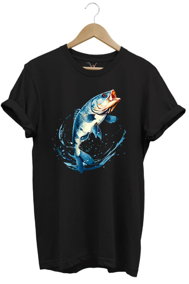 Balıkçılık Levrek Balığı Baskılı Renkli Tasarım %100 Pamuk Regular Fit Bisiklet Yaka Kırmızı T-shirt Siyah - 4XL