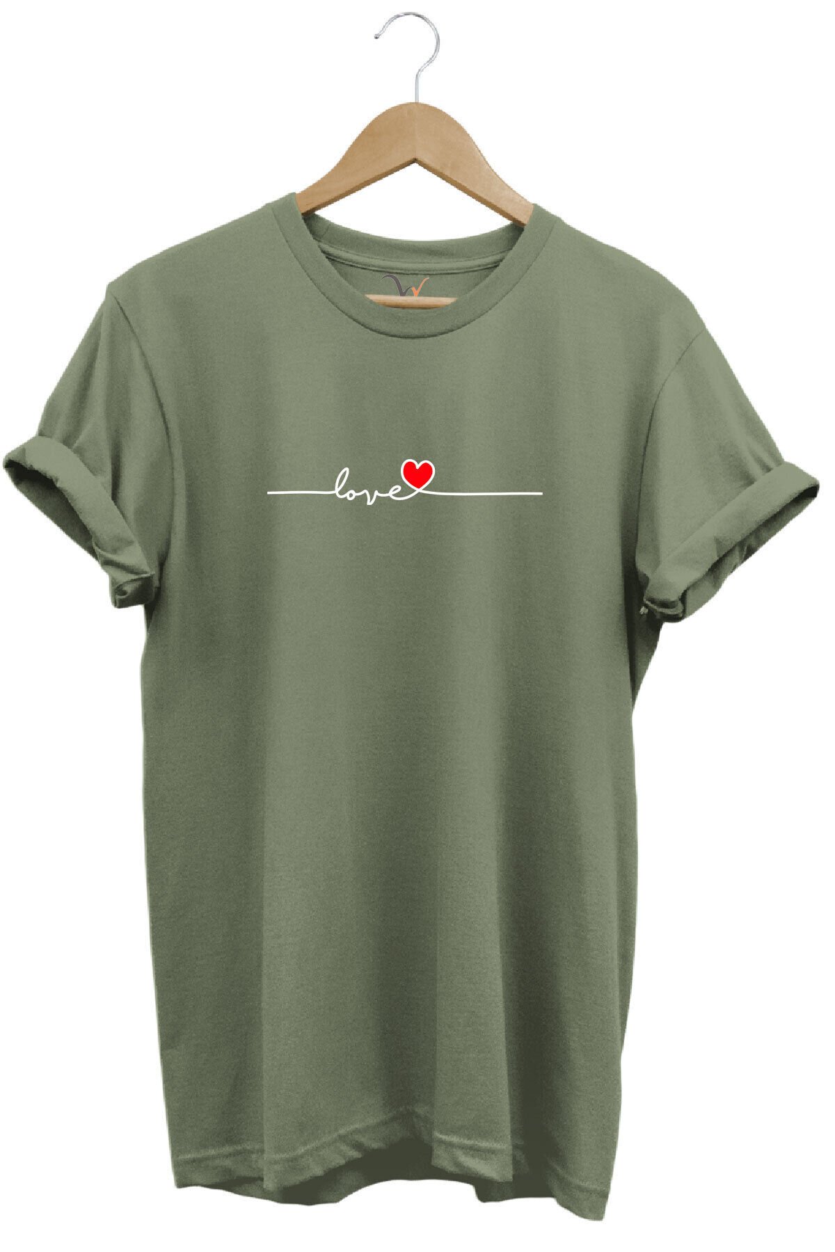 Sevgililer Günü Hediyesi Love Yazı Baskılı Kalpli %100 Pamuk Regular Fit Bisiklet Yaka T-Shirt Haki - L