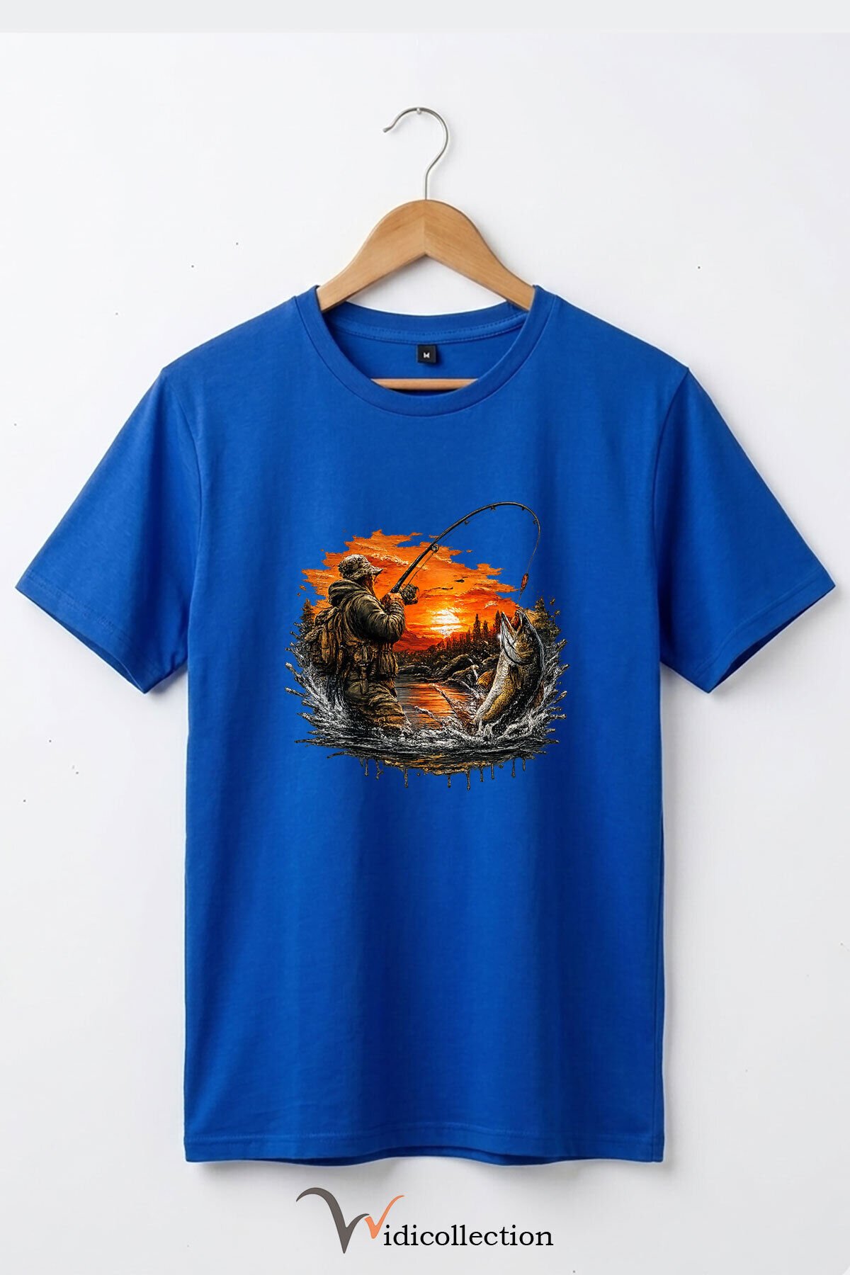 Pike Balığı Balıkçı Pike Gün Batımı ve Doğa Manzaralı Sportif Outdoor %100 Pamuk Basic T-Shirt Mavi - 3XL
