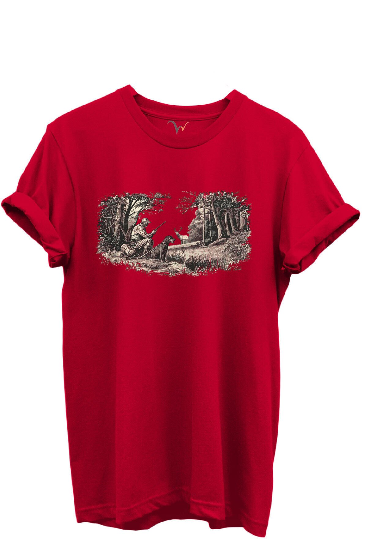 Doğa ve Avcılık Konseptli Orman Sahnesi Baskılı %100 Pamuk Regular Fit Bisiklet Yaka Unisex T-shirt