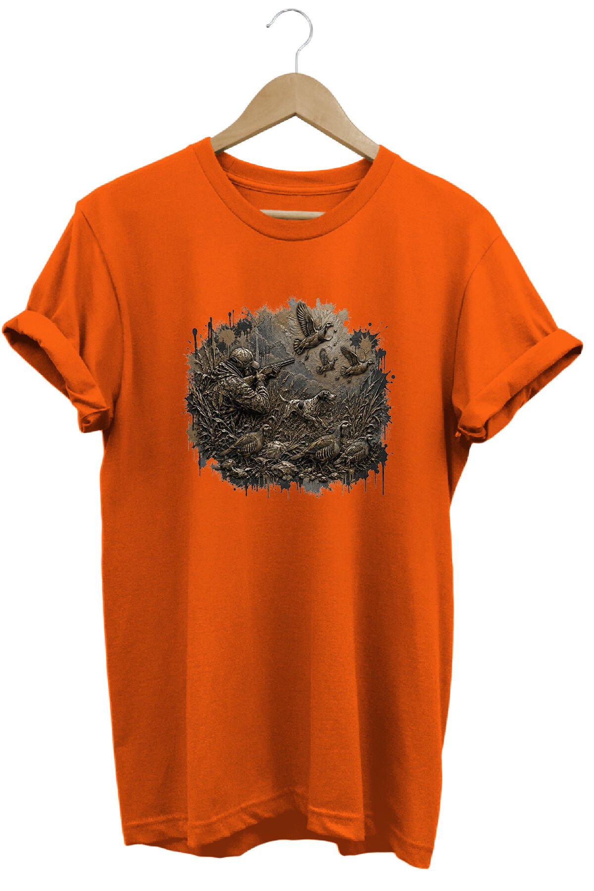 Arazi Köpeği ve Kuş Baskılı Atıcılık Tişörtü Outdoor Doğa Giyimi Turuncu - XL
