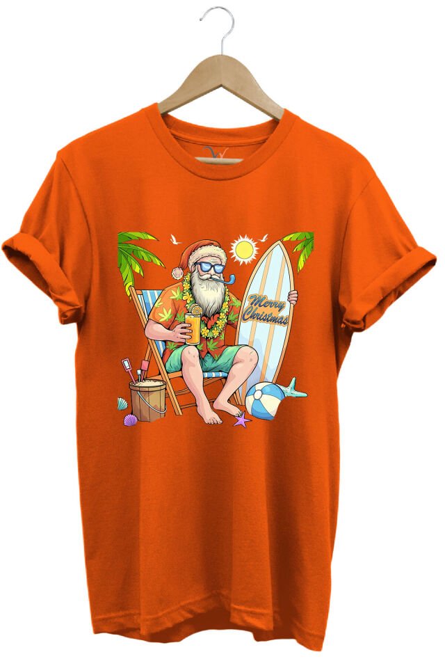 Merry Christmas Yaz Temalı Plajda Noel Baba Baskılı %100 Pamuk Unisex Regular Fit T-Shirt Turuncu - 2XL