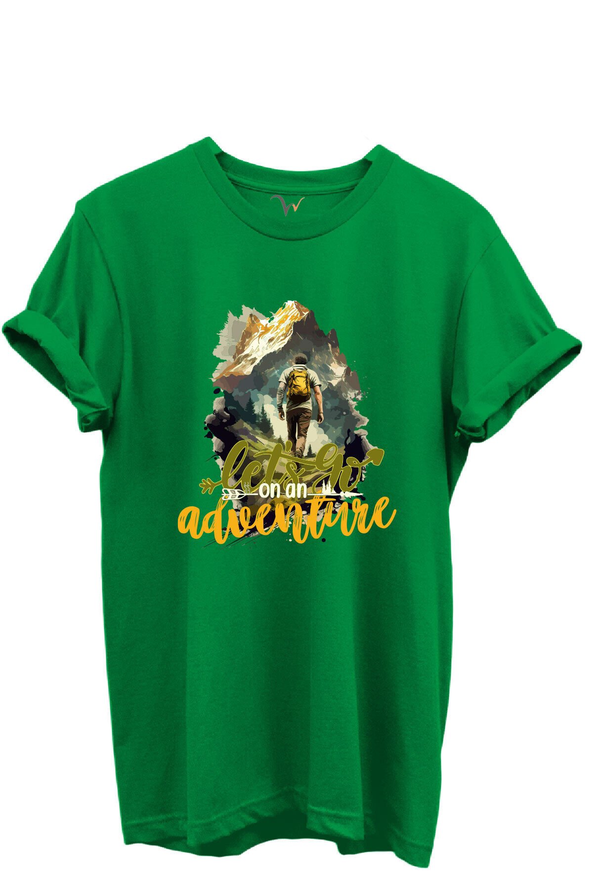 Let’s Go on an Adventure Yazılı Dağcı ve Doğa Temalı %100 Pamuk Regular Fit Unisex T-Shirt Yeşil - XL