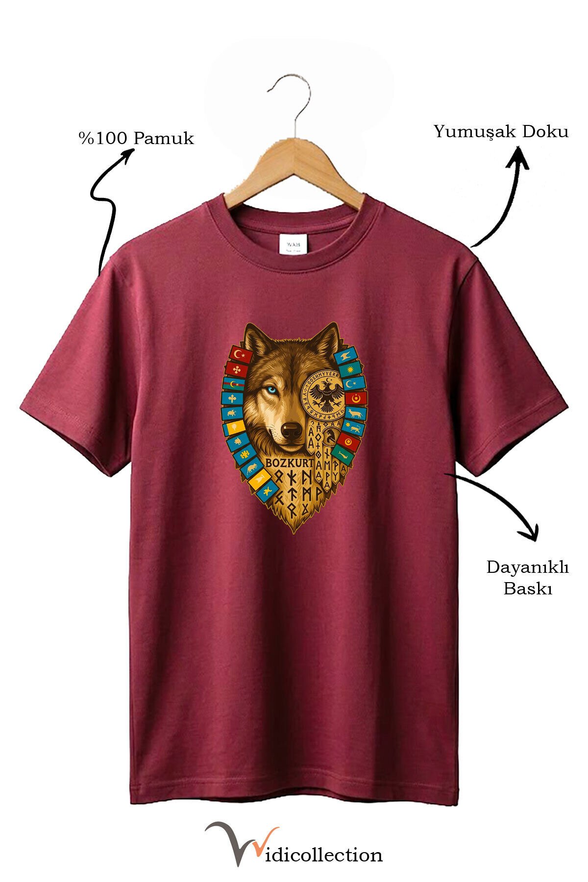 Bozkurt Göktürk Alfabeli ve Türk Devletleri Bayrakları Baskılı %100 Pamuk Regular Fit T-shirt Bordo - L
