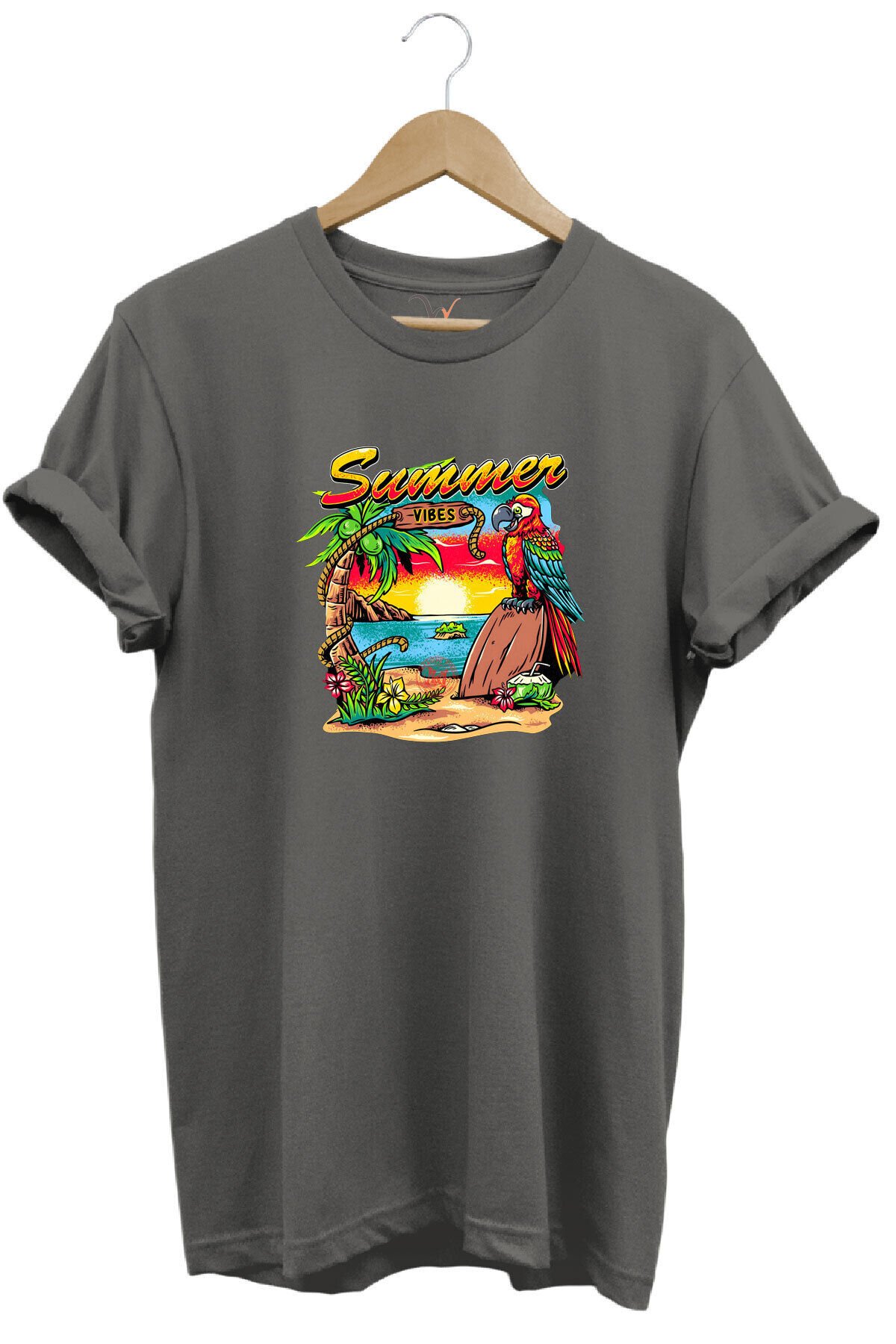 Renkli Summer Vibes Tasarım Baskılı Ve Papağan %100 Pamuk Regular Fit Premium Gri T-shirt Gri - M