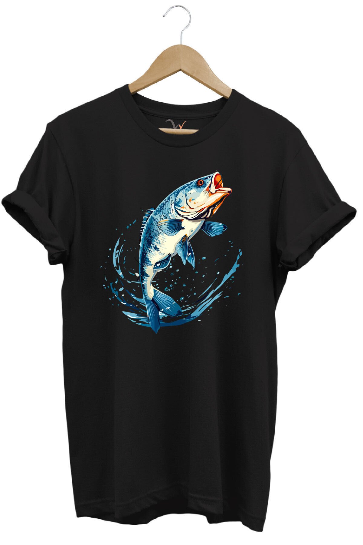 Balıkçılık Levrek Balığı Baskılı Renkli Tasarım %100 Pamuk Regular Fit Bisiklet Yaka Kırmızı T-shirt Siyah - M