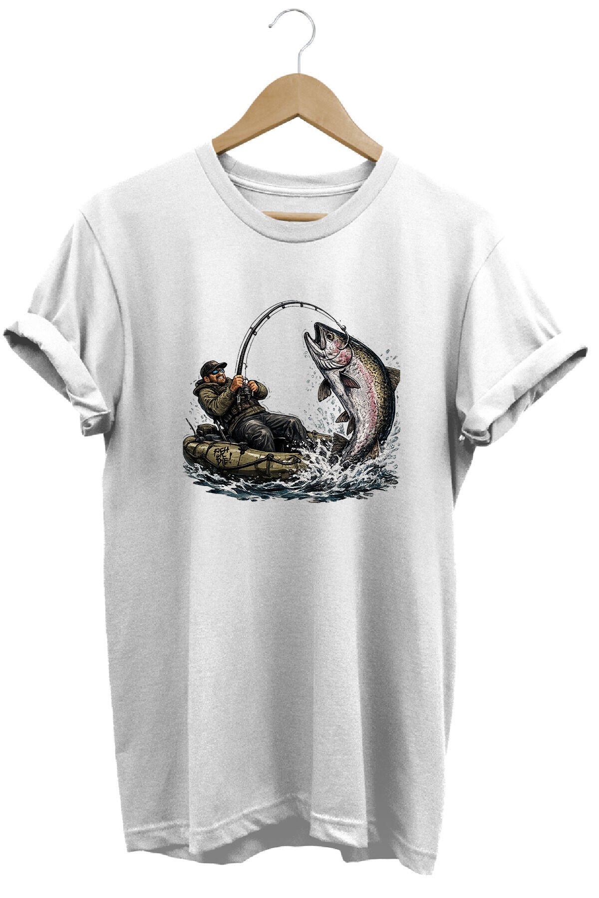 Sportif Balıkçılık ve Olta Baskılı Doğa Tişörtü Outdoor Kamp Giyimi Beyaz - XL