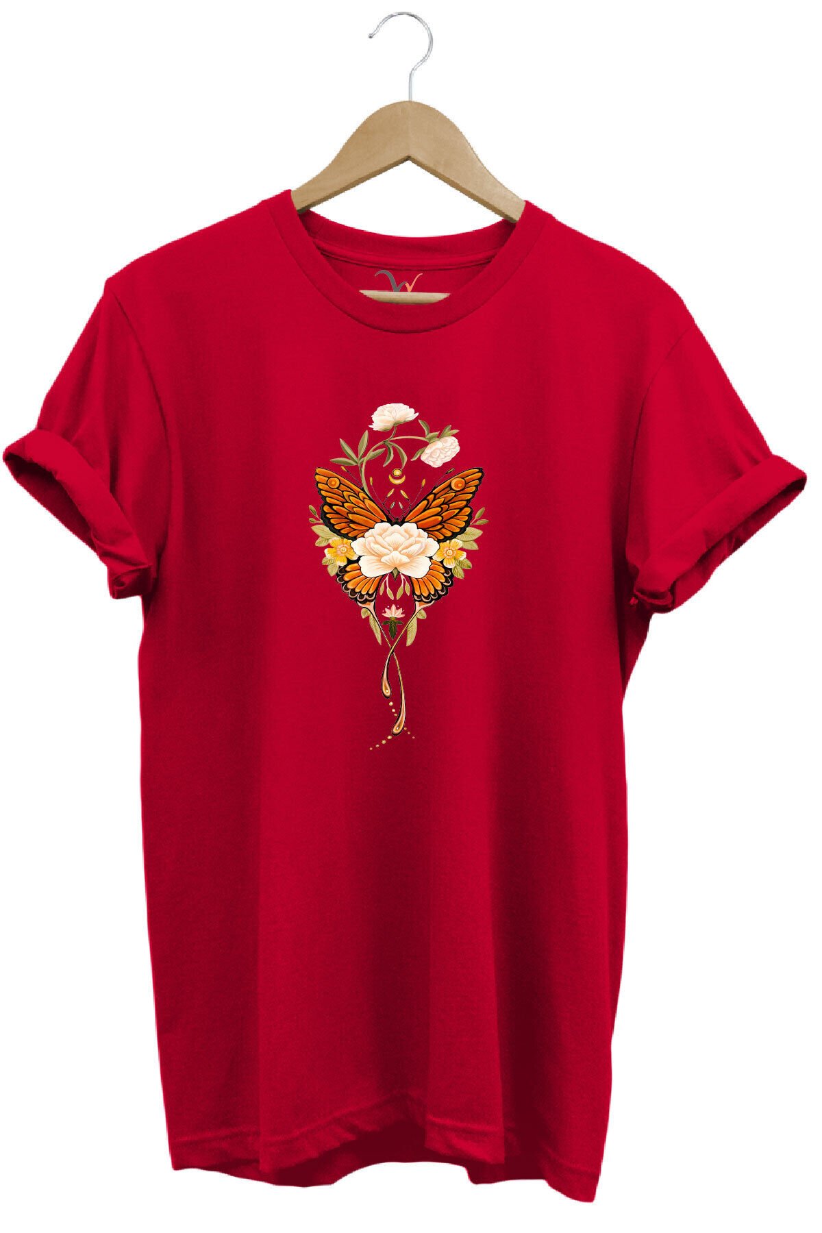 Minimal Kelebek ve Çiçek Baskılı %100 Pamuk Regular Fit Bisiklet Yaka T-shirt Kırmızı - S