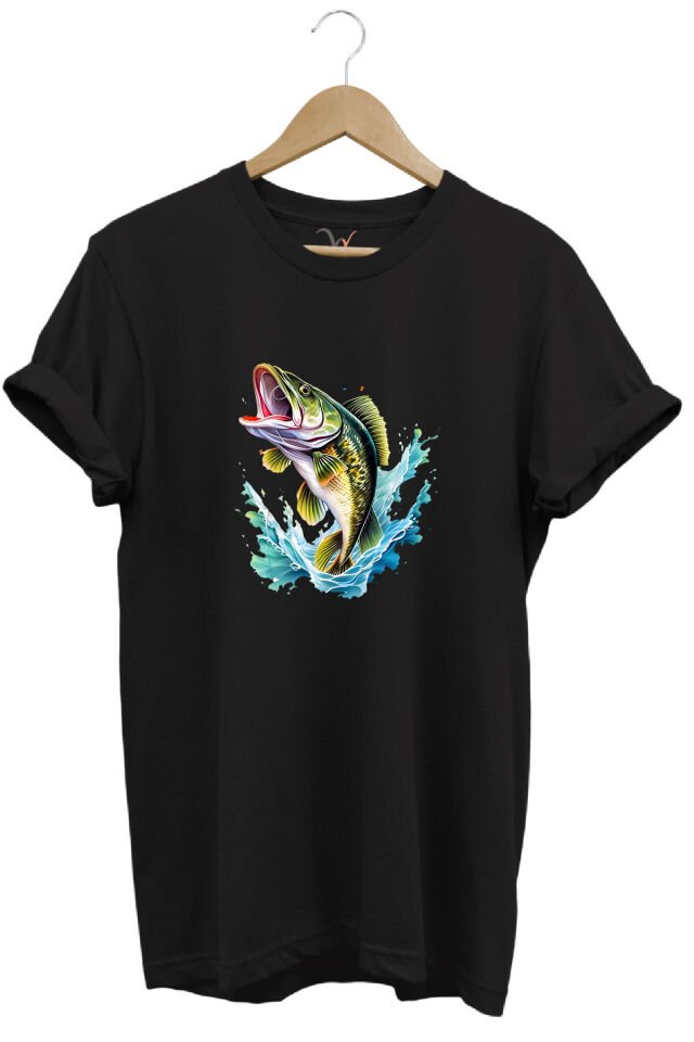 Fishing Balıkçılık Levrek Balığı Deniz Baskılı %100 Pamuk Regular Fit Bisiklet Yaka Beyaz T-shirt Siyah - 3XL