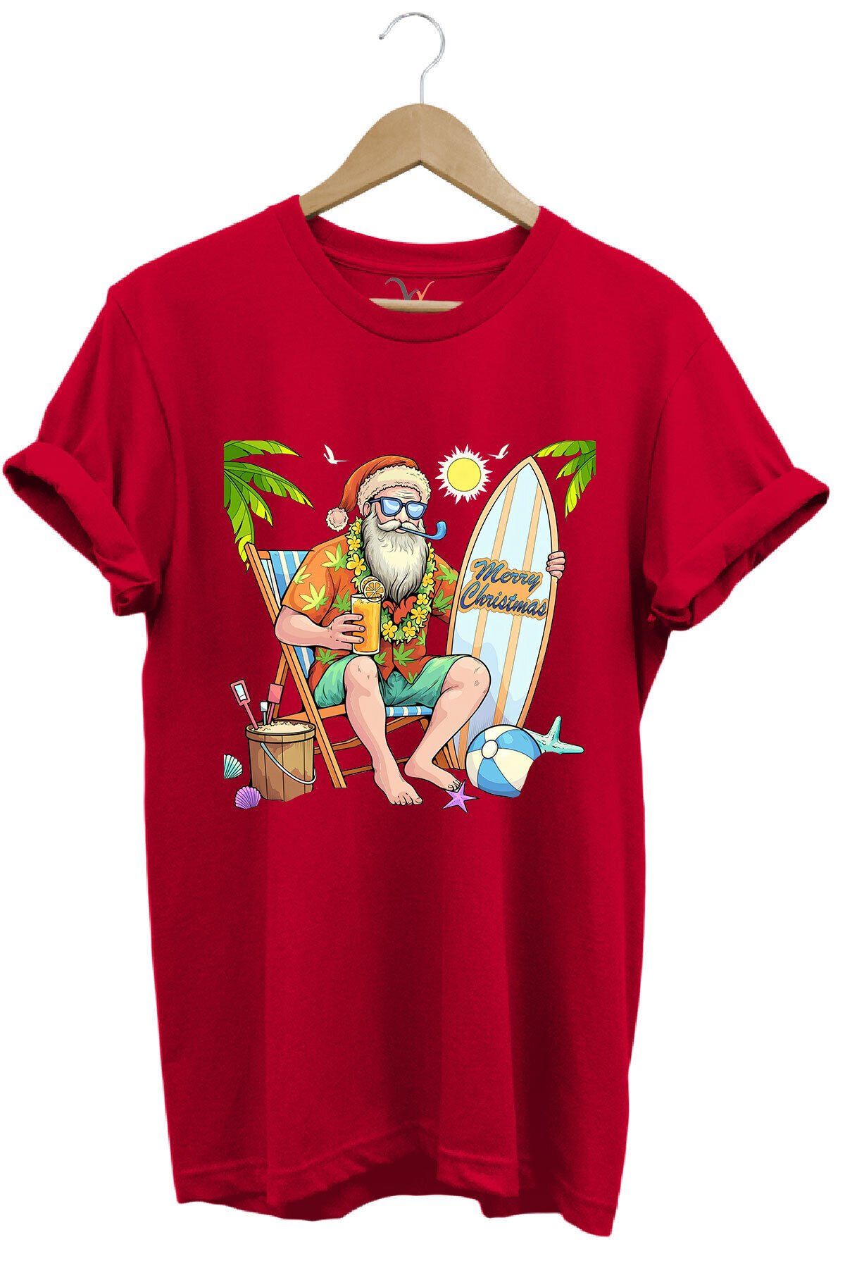 Merry Christmas Yaz Temalı Plajda Noel Baba Baskılı %100 Pamuk Unisex Regular Fit T-Shirt Kırmızı - XL