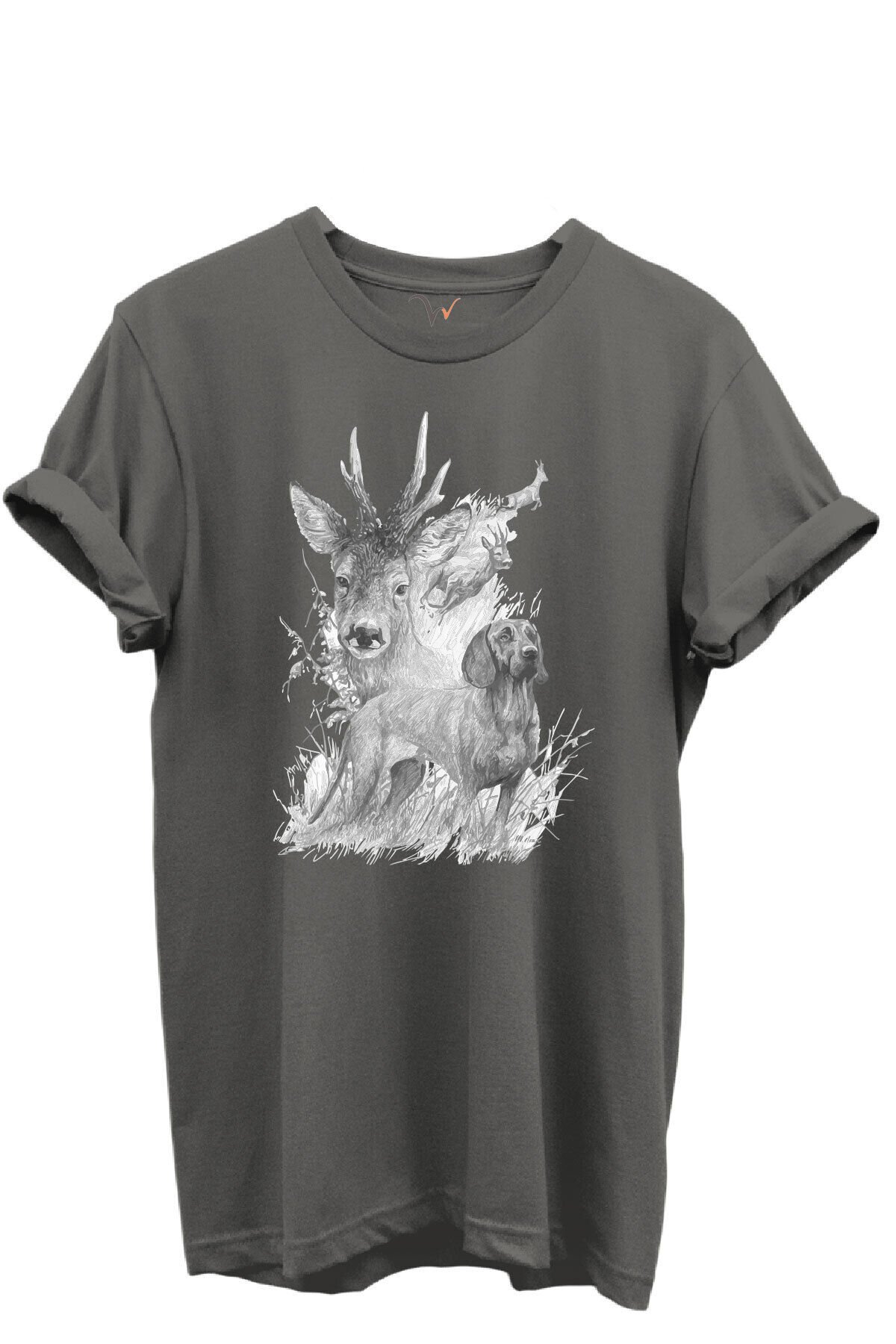 Geyik ve Av Köpeği Çizim Baskılı %100 Pamuk Regular Fit Bisiklet Yaka Unisex T-shirt Antrasit - M