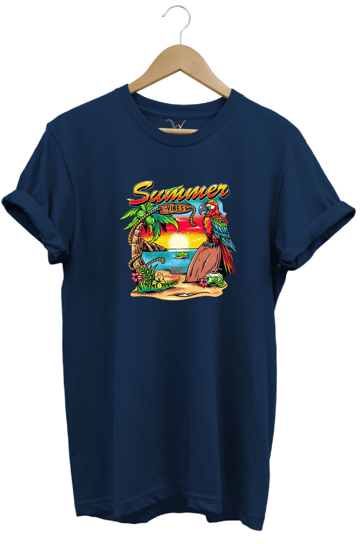 Renkli Summer Vibes Tasarım Baskılı Ve Papağan %100 Pamuk Regular Fit Premium Gri T-shirt Lacivert - S