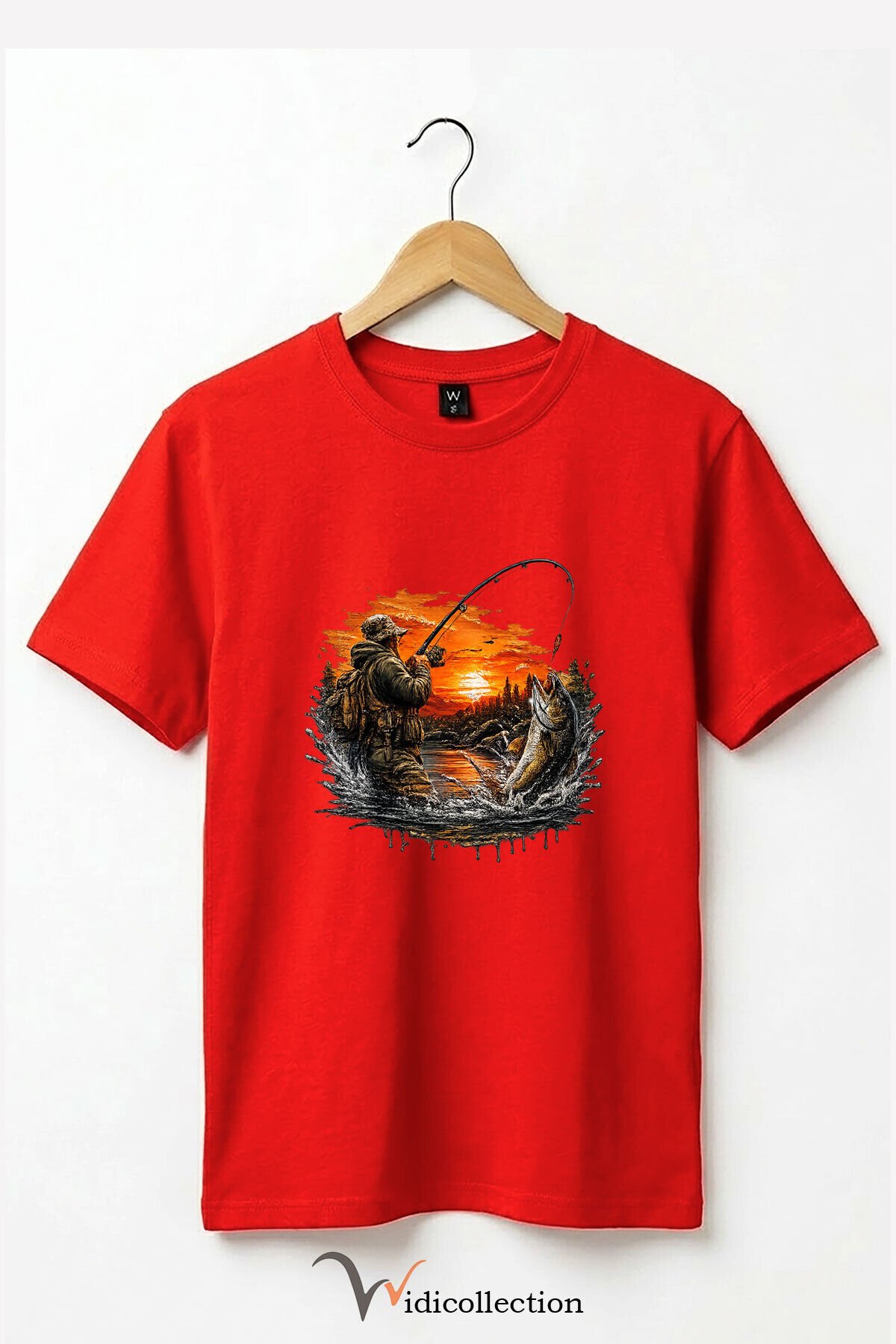 Pike Balığı Balıkçı Pike Gün Batımı ve Doğa Manzaralı Sportif Outdoor %100 Pamuk Basic T-Shirt Kırmızı - 3XL