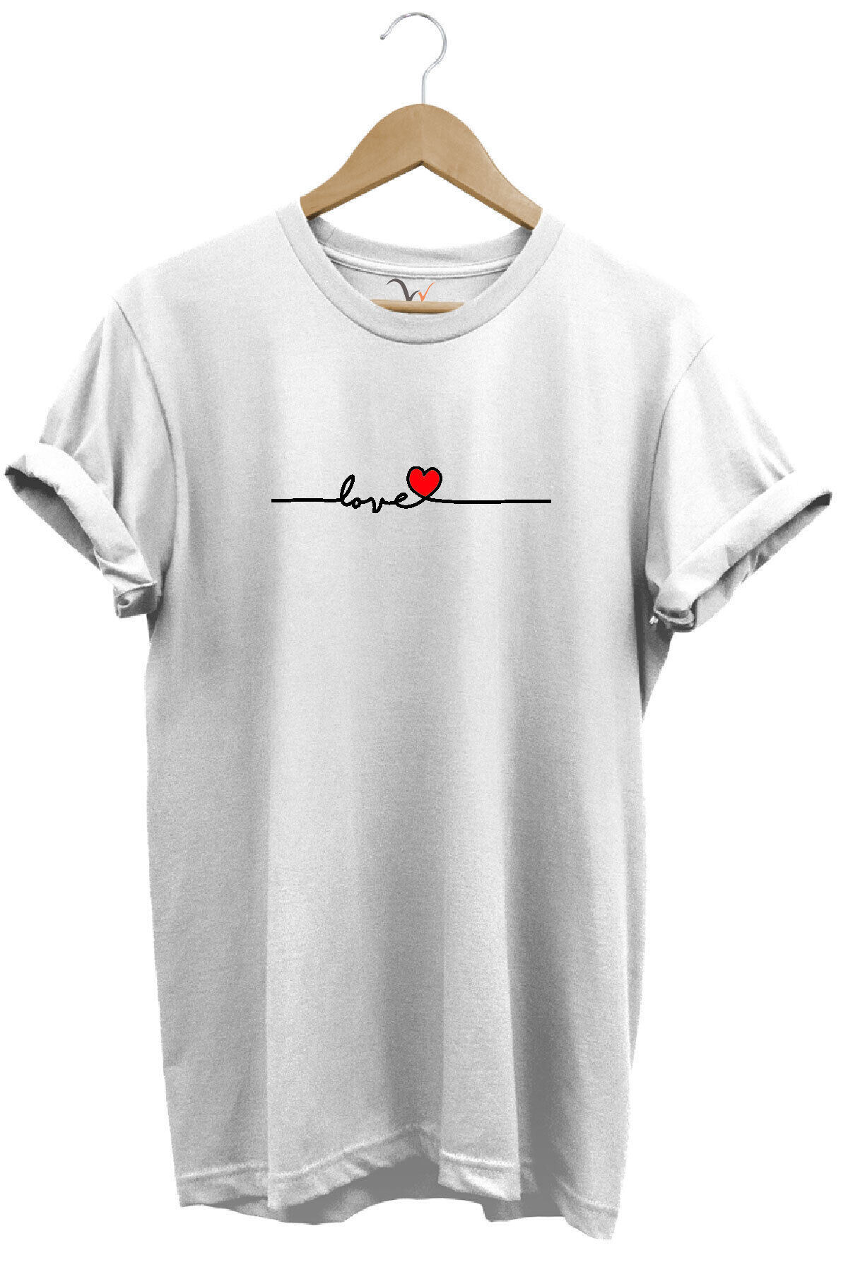Sevgililer Günü Hediyesi Love Yazı Baskılı Kalpli %100 Pamuk Regular Fit Bisiklet Yaka T-Shirt Beyaz - S
