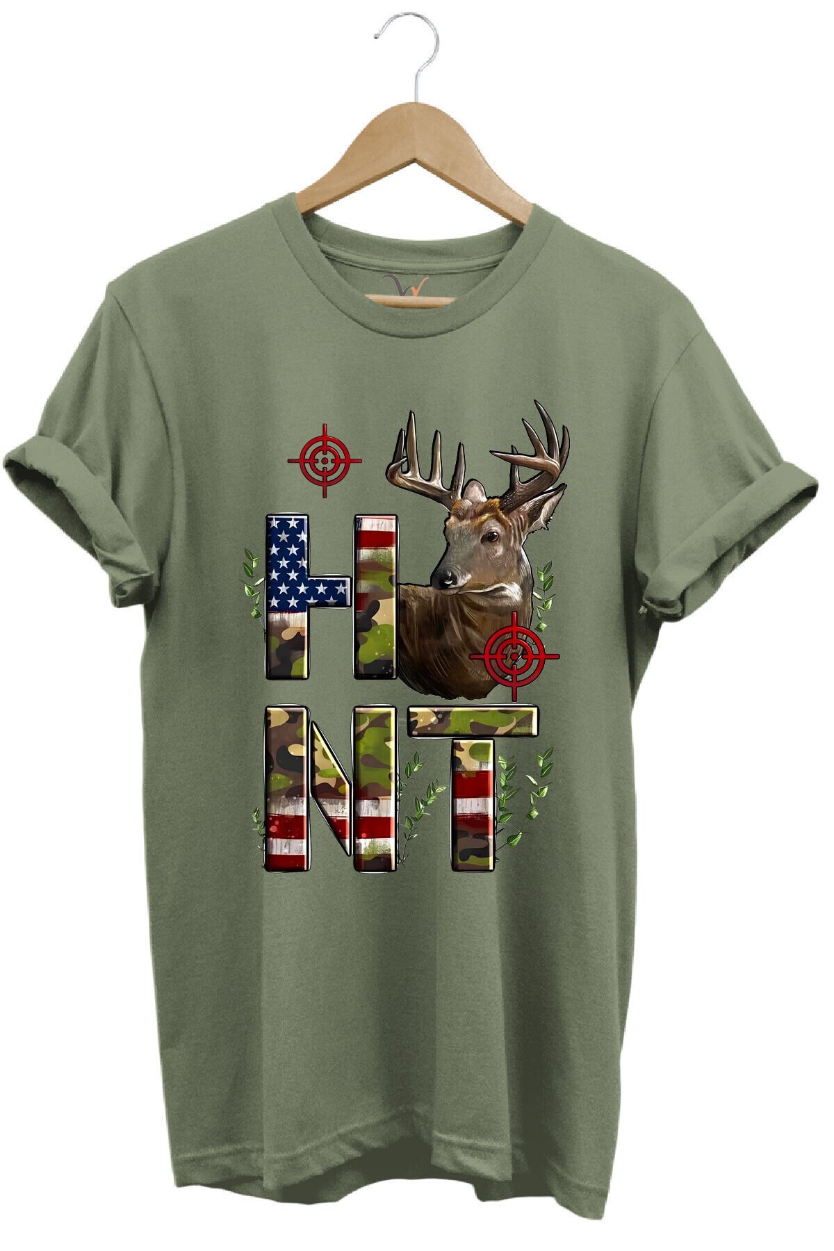 Hunting Avcılık Geyik ve Kamuflaj Hunt Yazı Baskılı %100 Pamuk Regular Fit Bisiklet Yaka T-Shirt Haki - M