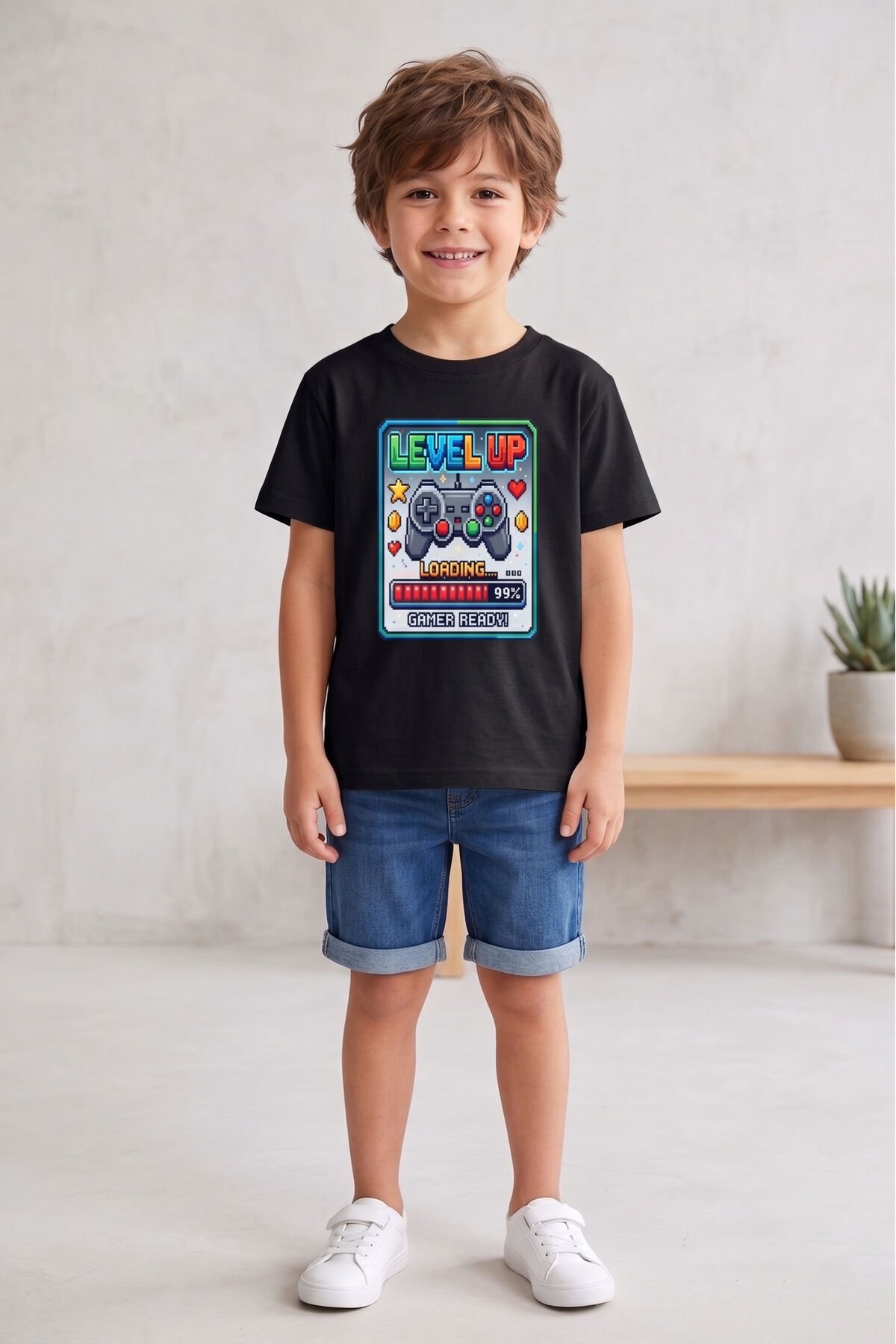 Erkek Çocuk Siyah Oyun Baskılı Tişört - Level Up Temalı T-Shirt Siyah - 15-16 Yaş