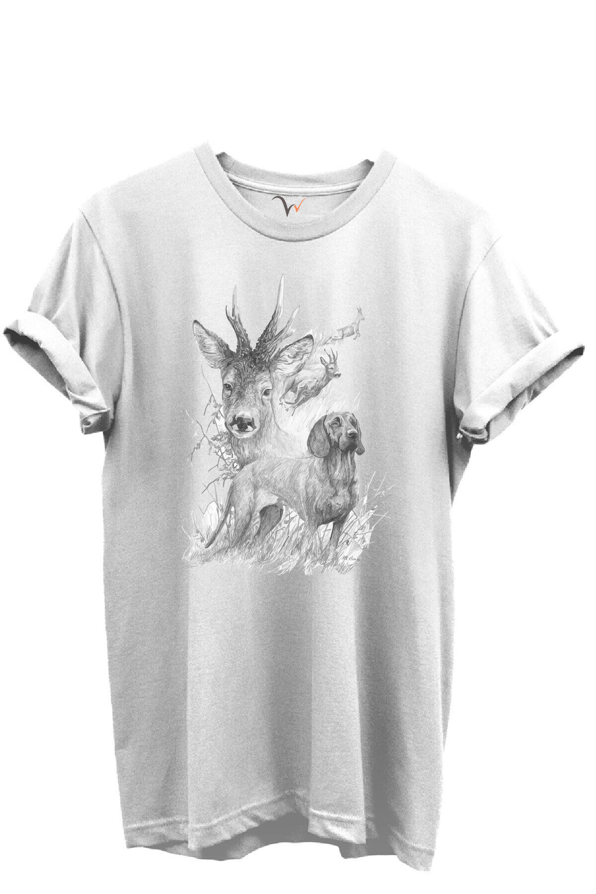 Geyik ve Av Köpeği Çizim Baskılı %100 Pamuk Regular Fit Bisiklet Yaka Unisex T-shirt Beyaz - L