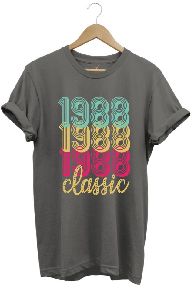 1988 Retro Vintage Classic Baskılı %100 Pamuk Regular Fit Unisex T-Shirt Gri - 3XL