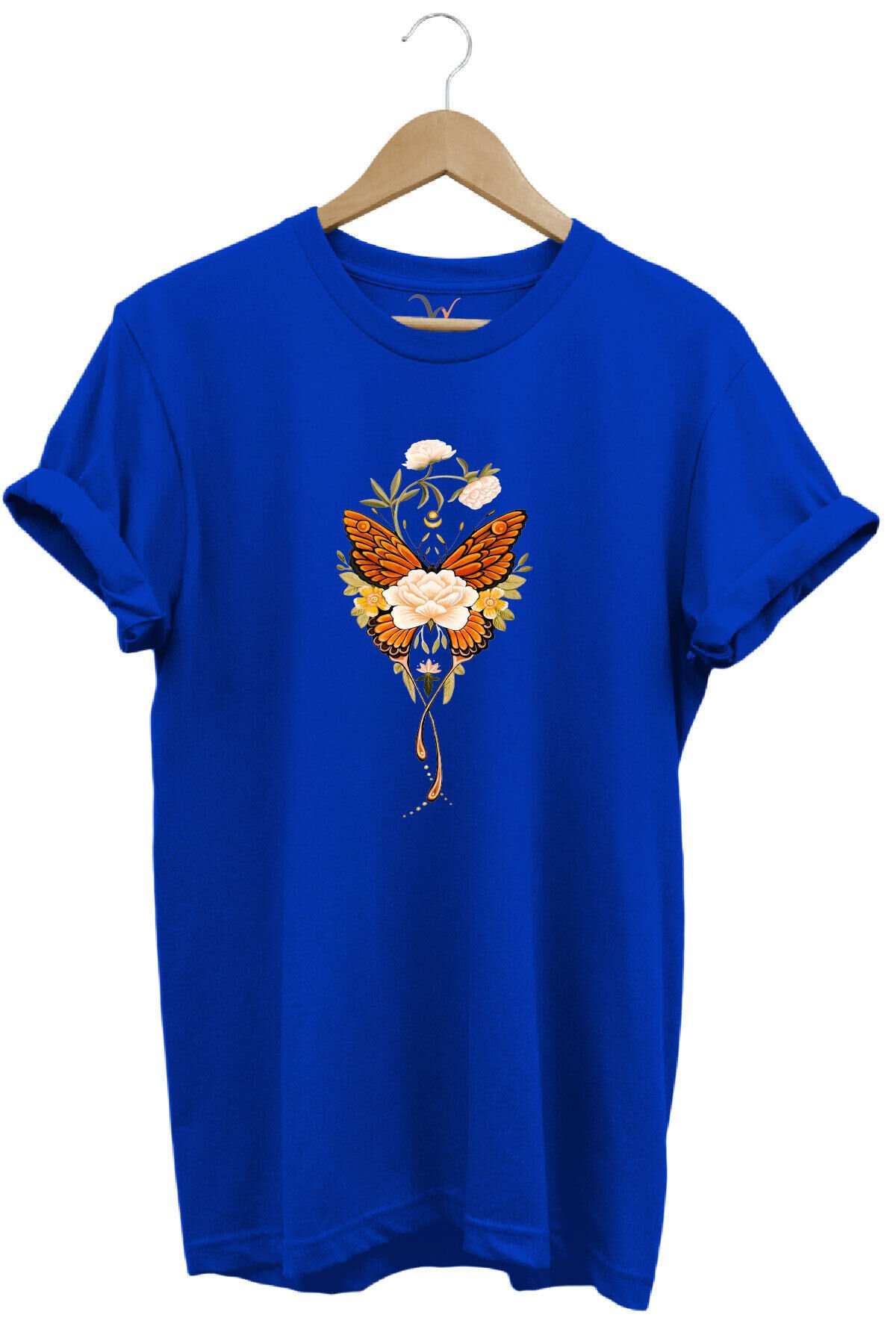 Minimal Kelebek ve Çiçek Baskılı %100 Pamuk Regular Fit Bisiklet Yaka T-shirt Mavi - S