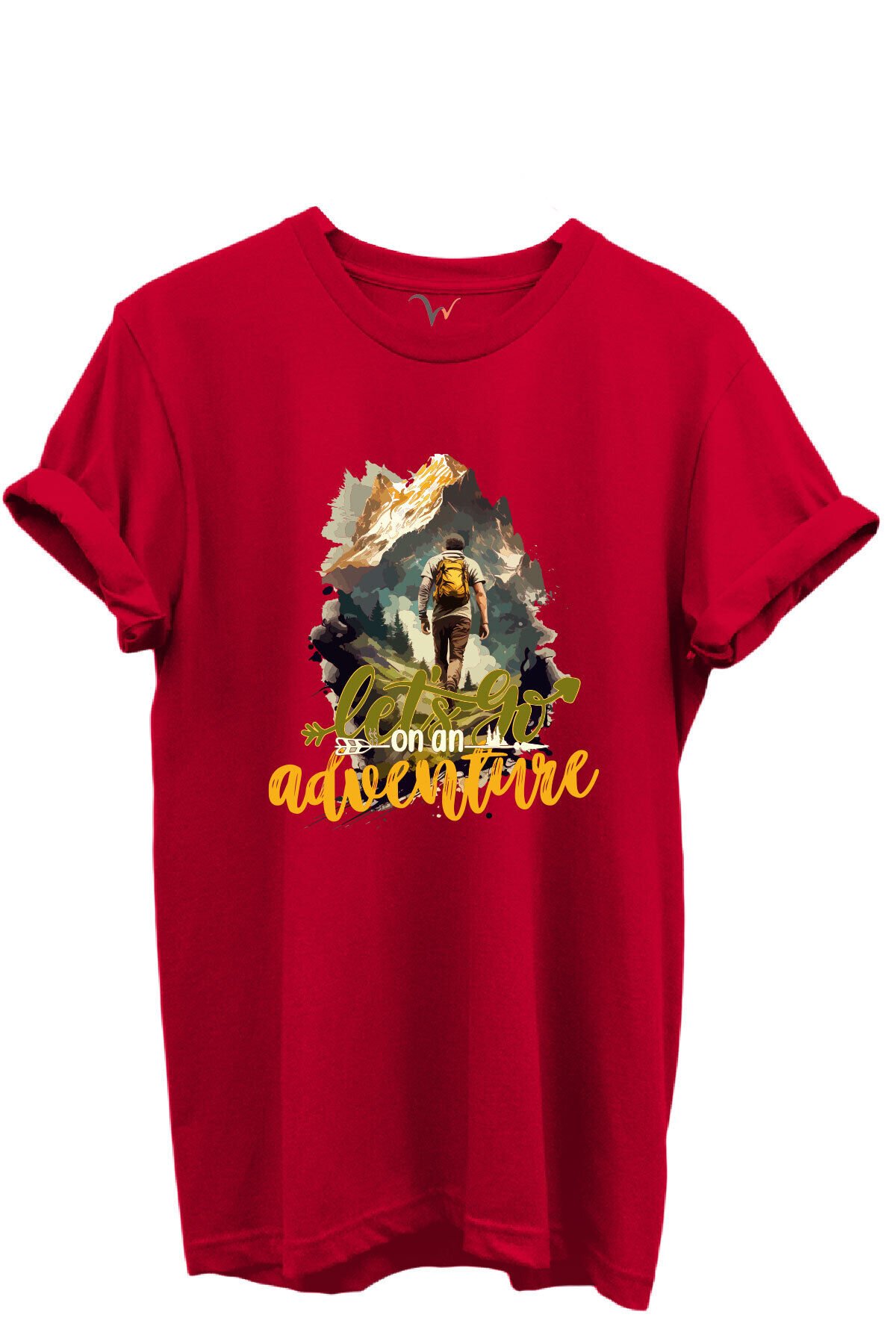 Let’s Go on an Adventure Yazılı Dağcı ve Doğa Temalı %100 Pamuk Regular Fit Unisex T-Shirt Kırmızı - S