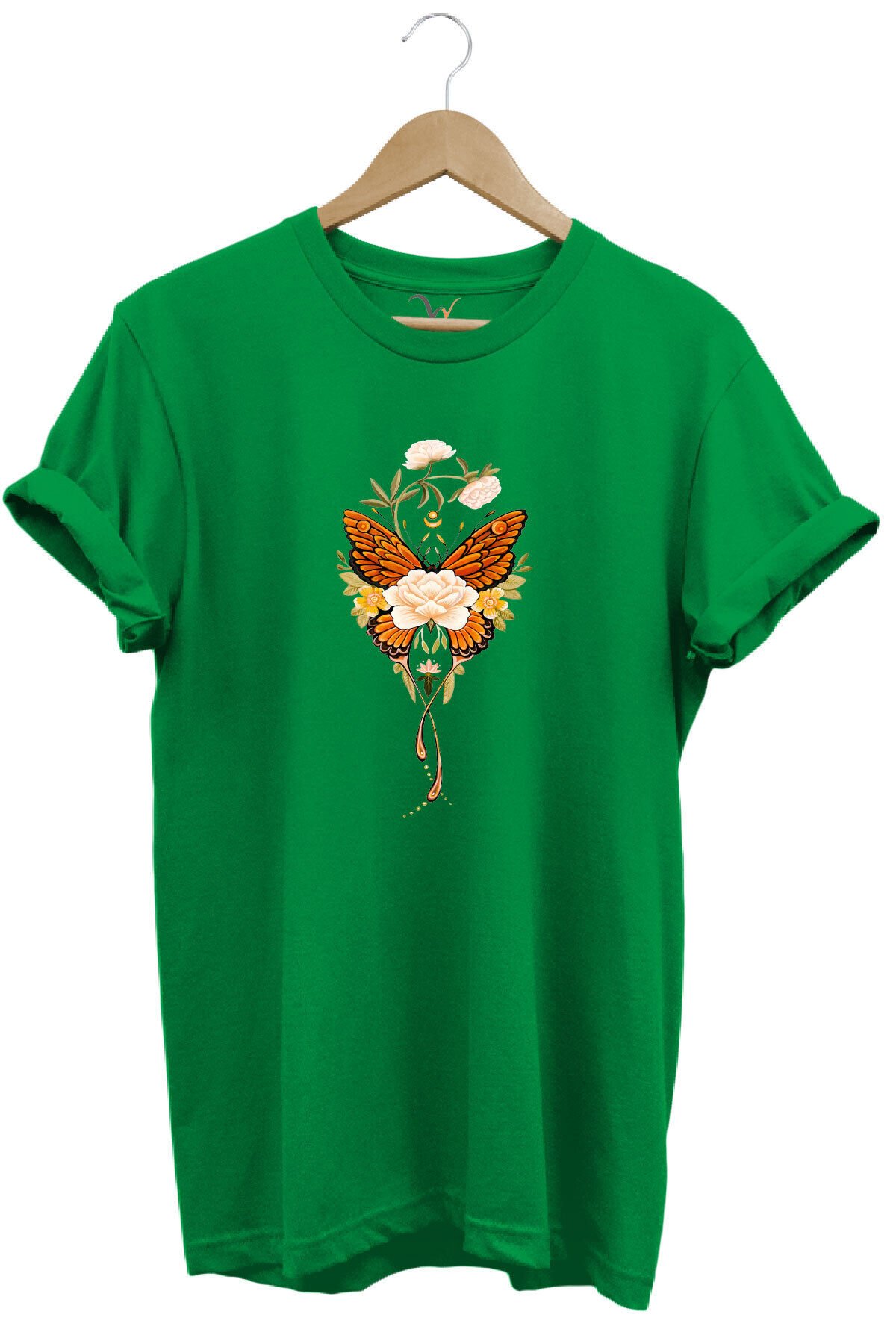 Minimal Kelebek ve Çiçek Baskılı %100 Pamuk Regular Fit Bisiklet Yaka T-shirt Yeşil - 2XL