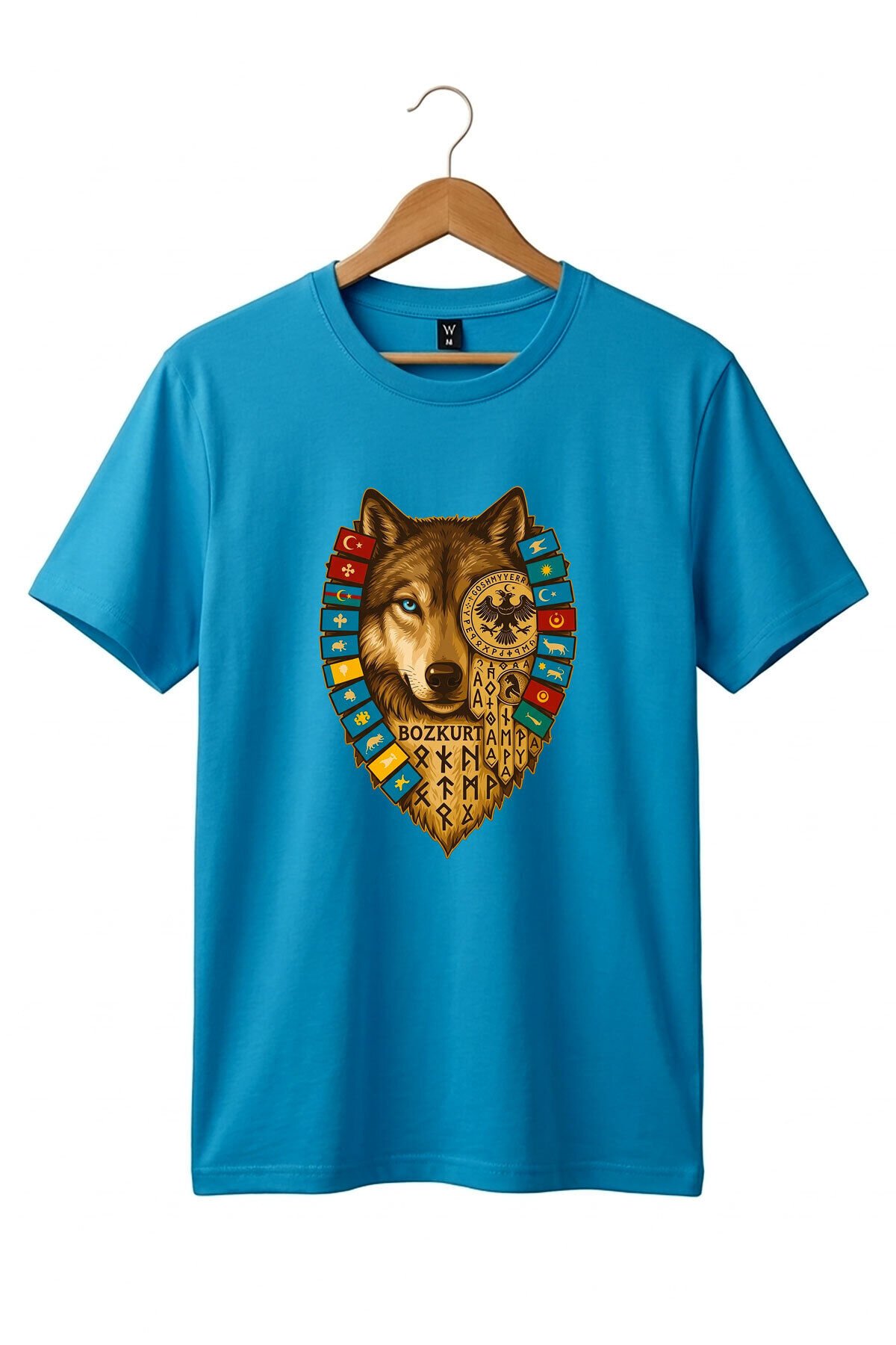 Bozkurt Göktürk Alfabeli ve Türk Devletleri Bayrakları Baskılı %100 Pamuk Regular Fit T-shirt Turkuaz - M