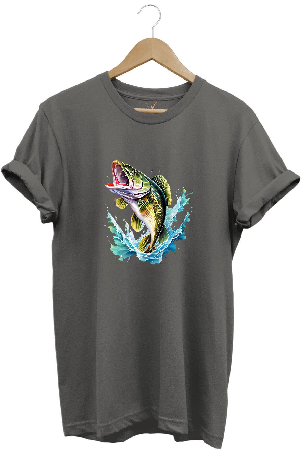 Fishing Balıkçılık Levrek Balığı Deniz Baskılı %100 Pamuk Regular Fit Bisiklet Yaka Beyaz T-shirt Gri - XL
