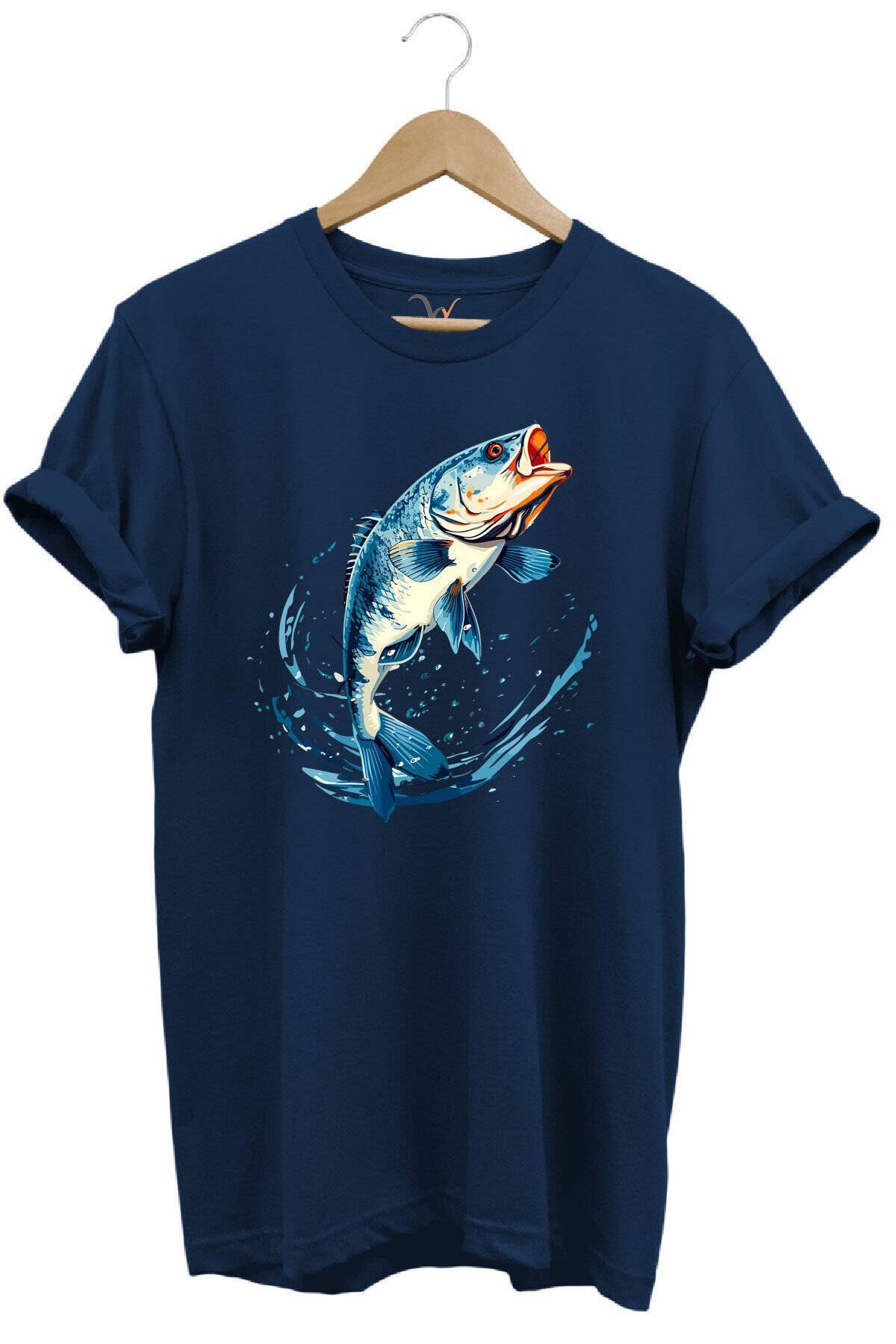 Balıkçılık Levrek Balığı Baskılı Renkli Tasarım %100 Pamuk Regular Fit Bisiklet Yaka Kırmızı T-shirt Lacivert - L