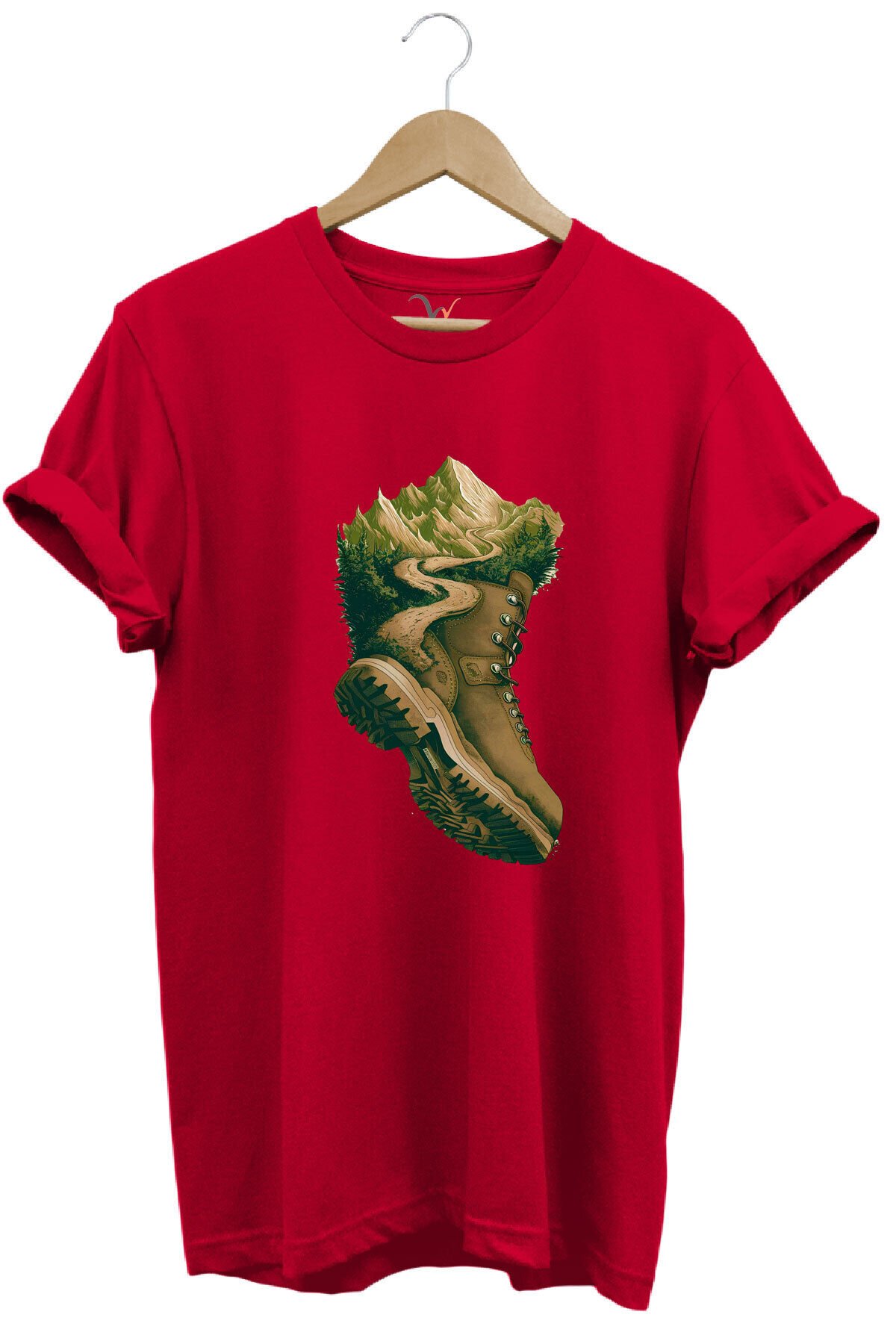 Outdoor Bot Ve Dağ Patika Yol Kamp Gezgin Baskılı %100 Pamuk Regular Fit Bisiklet Yaka Haki T-shirt Kırmızı - 2XL