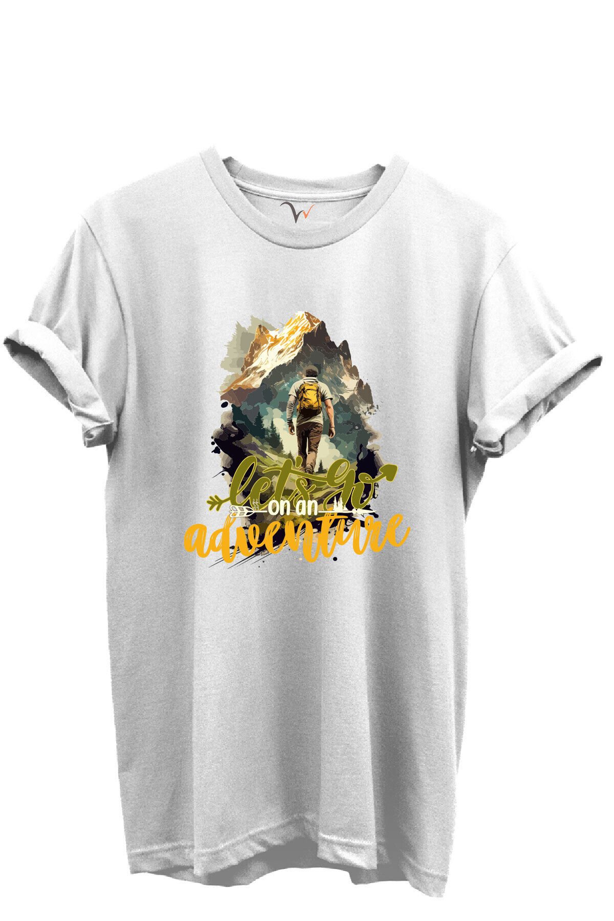 Let’s Go on an Adventure Yazılı Dağcı ve Doğa Temalı %100 Pamuk Regular Fit Unisex T-Shirt Beyaz - 2XL