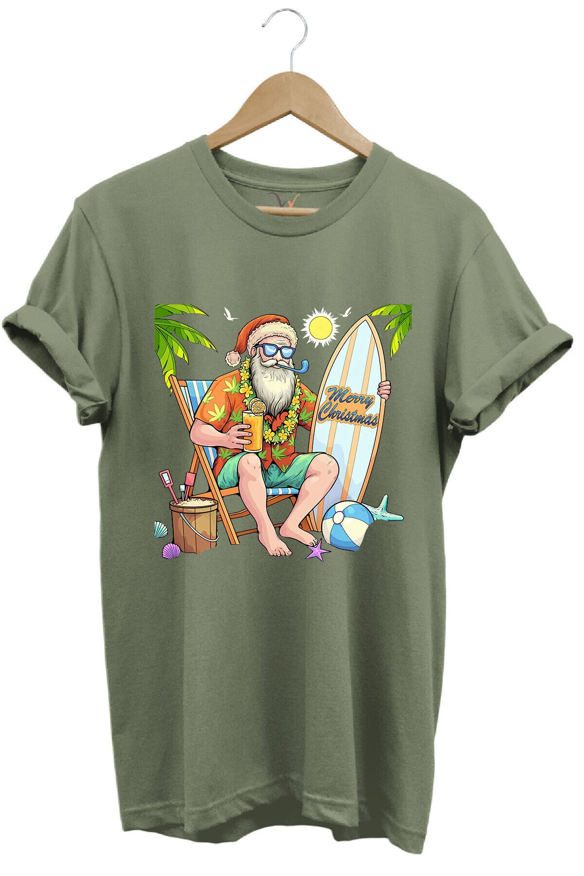 Merry Christmas Yaz Temalı Plajda Noel Baba Baskılı %100 Pamuk Unisex Regular Fit T-Shirt Haki - M