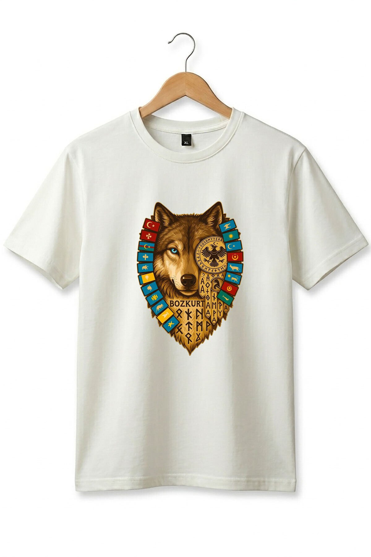 Bozkurt Göktürk Alfabeli ve Türk Devletleri Bayrakları Baskılı %100 Pamuk Regular Fit T-shirt Ekru - XL