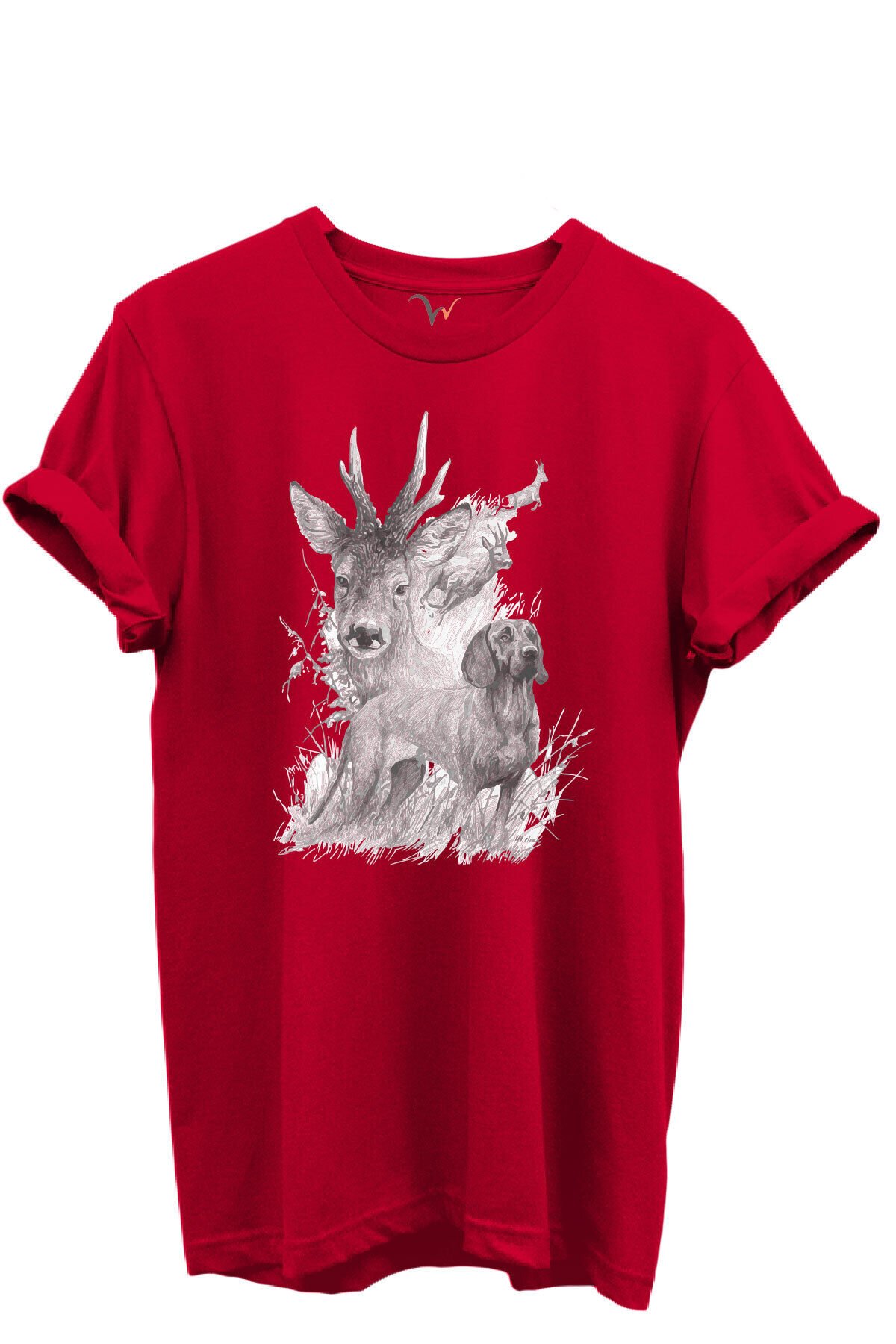 Geyik ve Av Köpeği Çizim Baskılı %100 Pamuk Regular Fit Bisiklet Yaka Unisex T-shirt Kırmızı - S