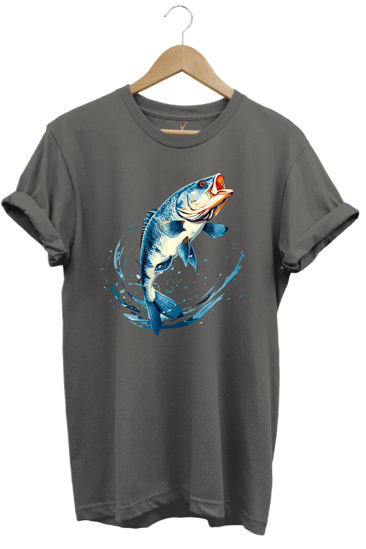 Balıkçılık Levrek Balığı Baskılı Renkli Tasarım %100 Pamuk Regular Fit Bisiklet Yaka Kırmızı T-shirt Gri - XL