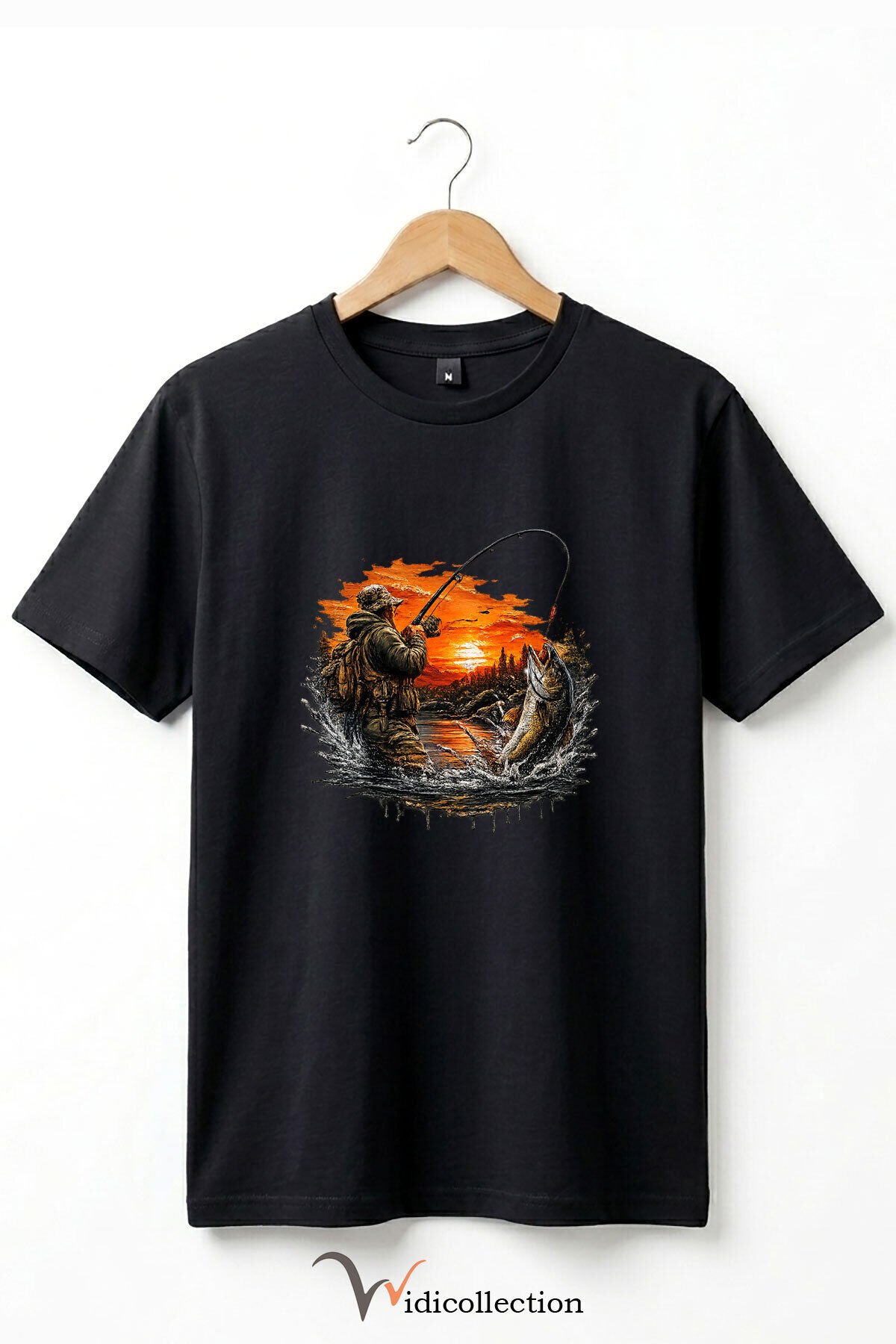 Pike Balığı Balıkçı Pike Gün Batımı ve Doğa Manzaralı Sportif Outdoor %100 Pamuk Basic T-Shirt Siyah - 4XL