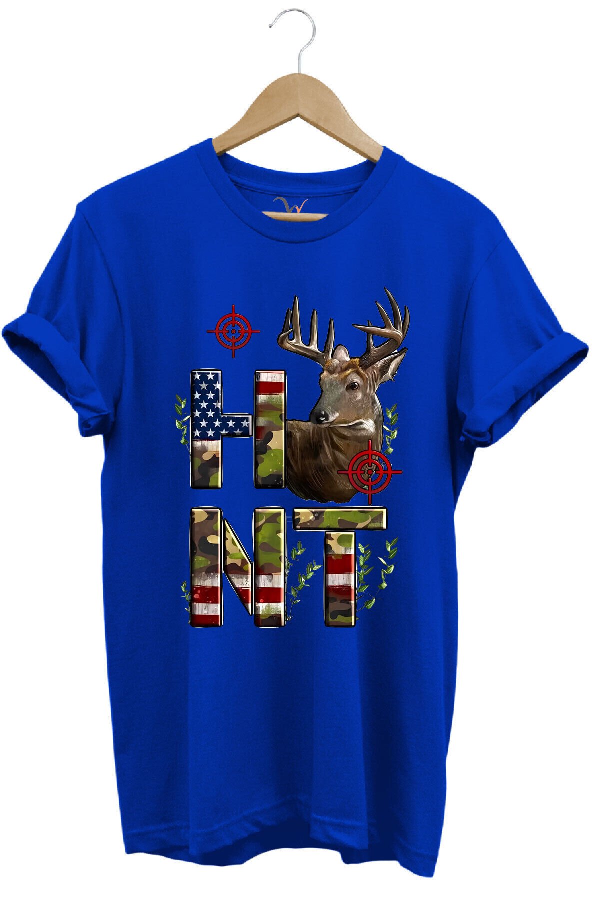 Hunting Avcılık Geyik ve Kamuflaj Hunt Yazı Baskılı %100 Pamuk Regular Fit Bisiklet Yaka T-Shirt Mavi - L