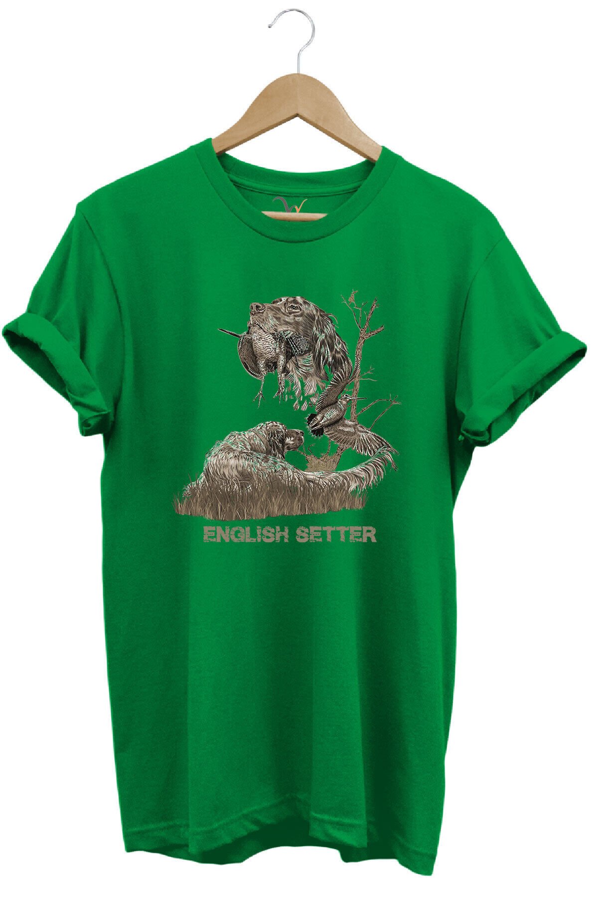 Avcılık Hunter Ağaçlı English Setter Çulluk Yazı Baskılı %100 Pamuk Regular Fit Yeşil T-shirt Yeşil - XL