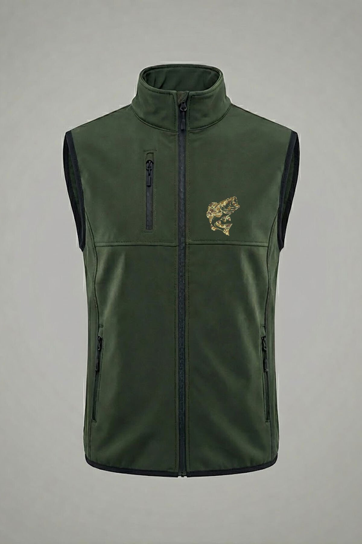 Avcılık Balıkçılık Kamuflaj Desenli Balık Baskılı Su ve Rüzgar Geçirmez Softshell Outdoor Haki Yelek