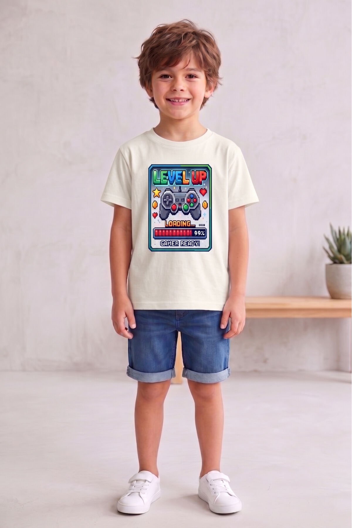 Erkek Çocuk Siyah Oyun Baskılı Tişört - Level Up Temalı T-Shirt Ekru - 7-8 Yaş