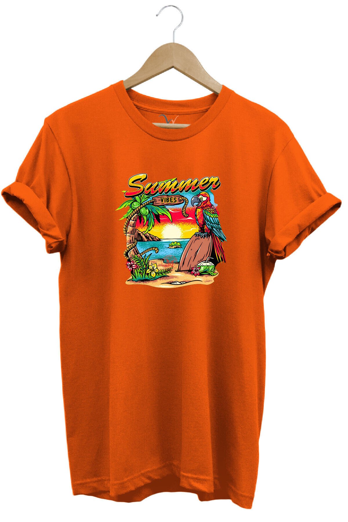 Renkli Summer Vibes Tasarım Baskılı Ve Papağan %100 Pamuk Regular Fit Premium Gri T-shirt Turuncu - 3XL